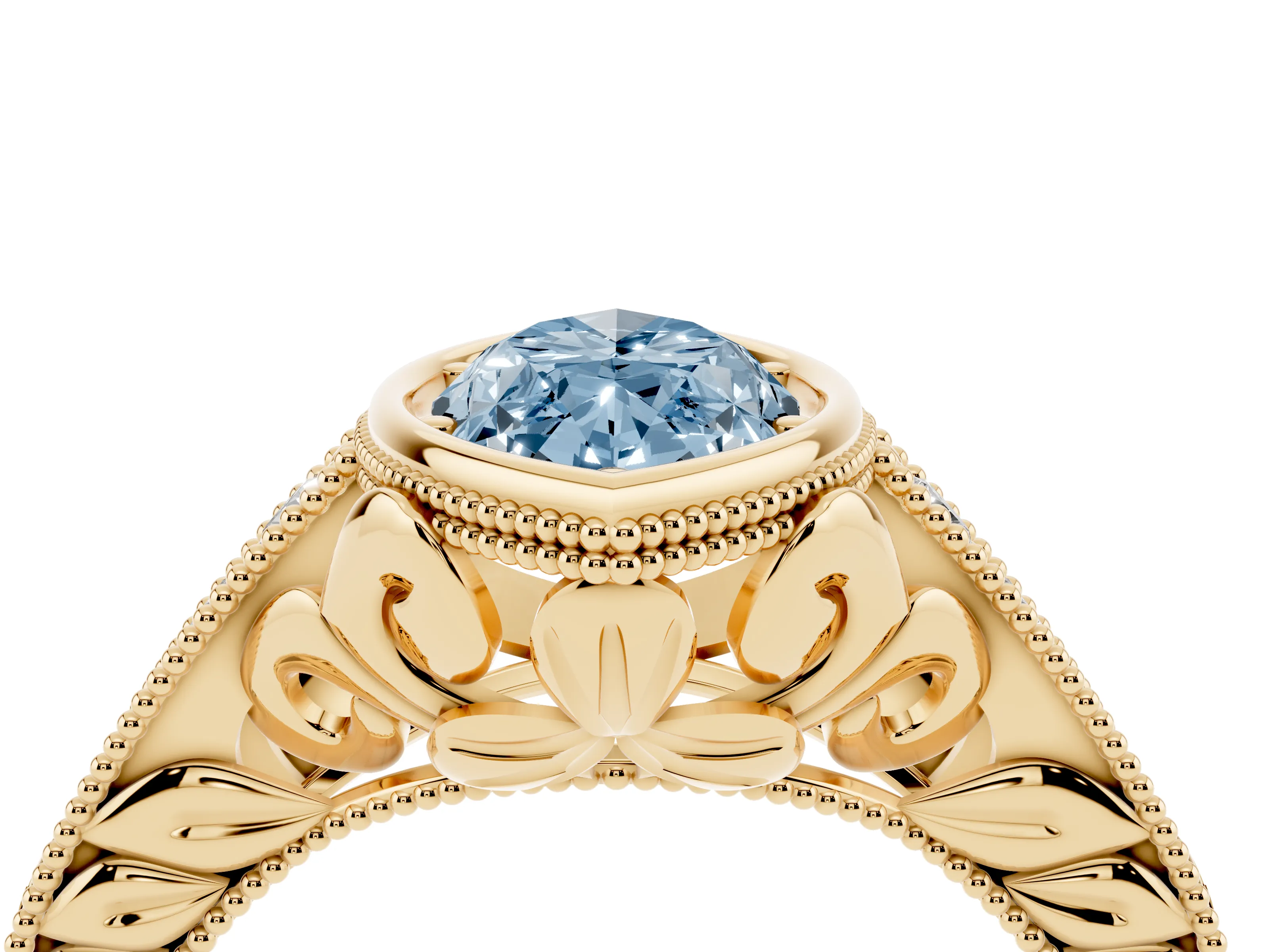 Fancy Blue Bezel Set Marquise Cut Diamond Milgrain Pavé Engagement Ring Set in Yellow gold