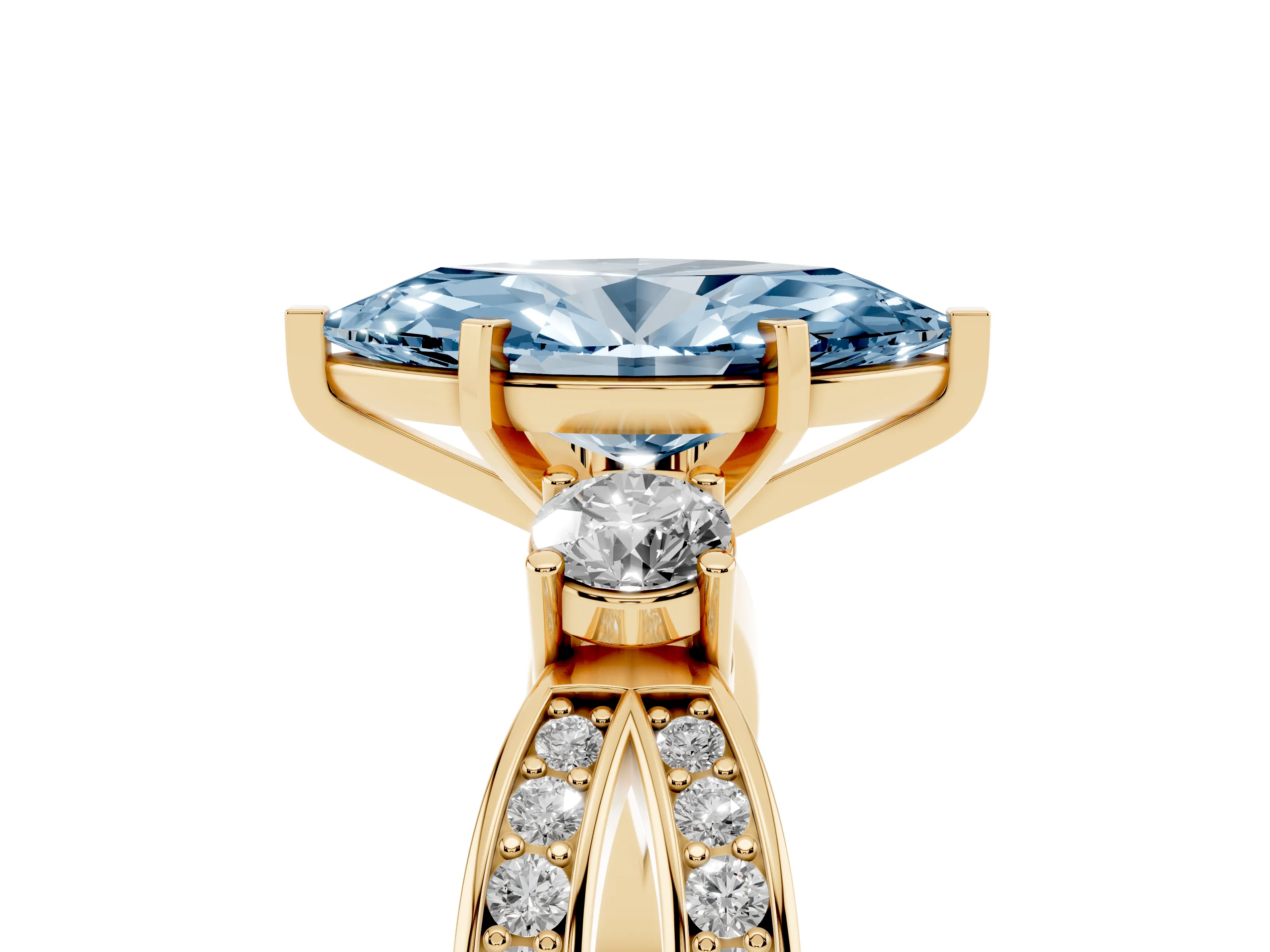 Fancy Blue Three-Stone Marquise Cut Diamond Twist Band Ring Set in Yellow gold with Pavé Accents and Prong Setting