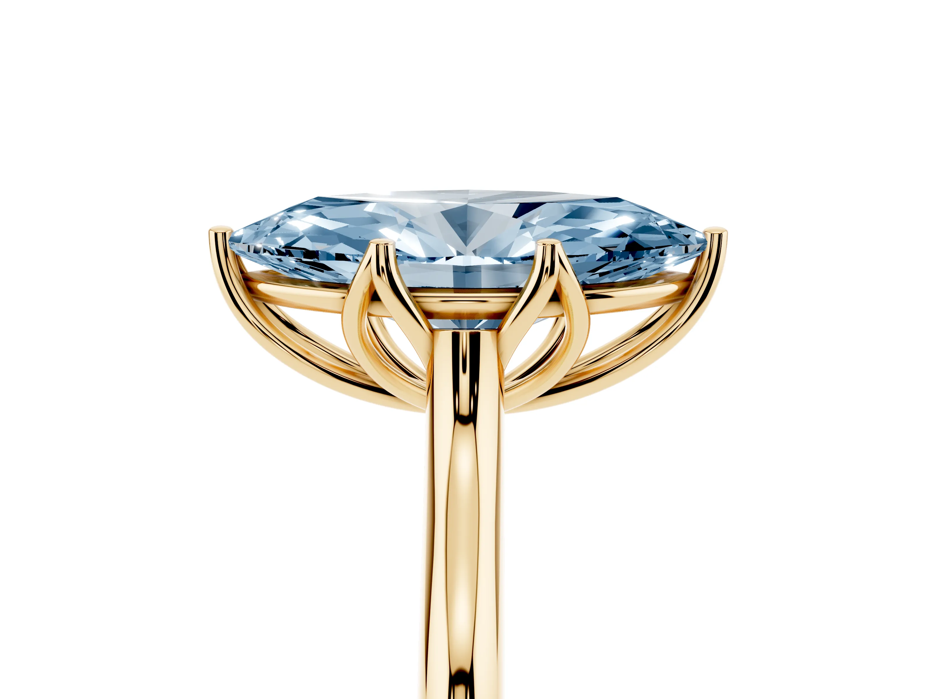 Fancy Blue Marquise Cut Diamond Solitaire Cathedral Ring Set in Yellow gold with Prong Setting