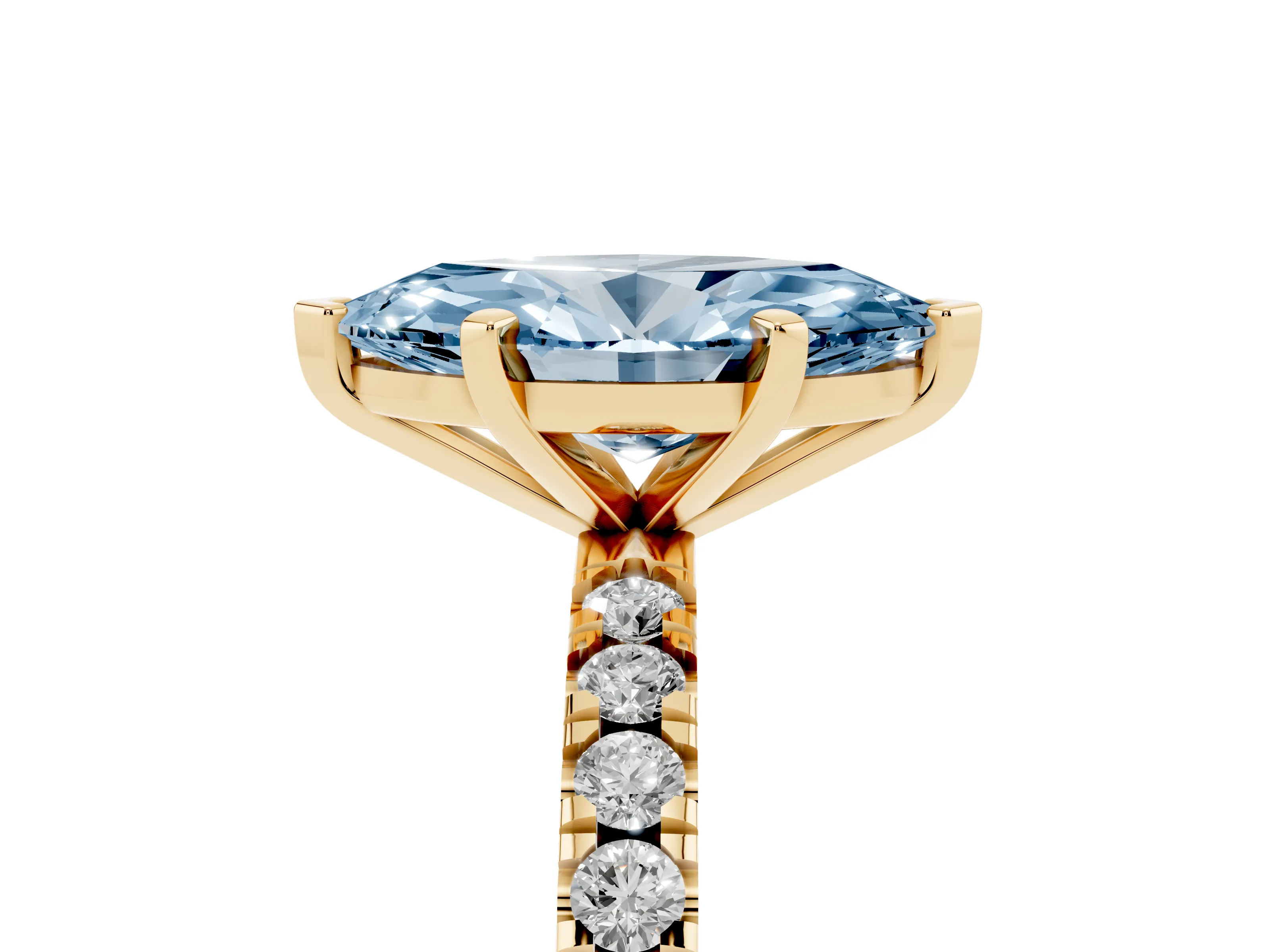 Fancy Blue Marquise Cut Diamond Pavé Band Solitaire Set in Yellow gold with Prong Setting