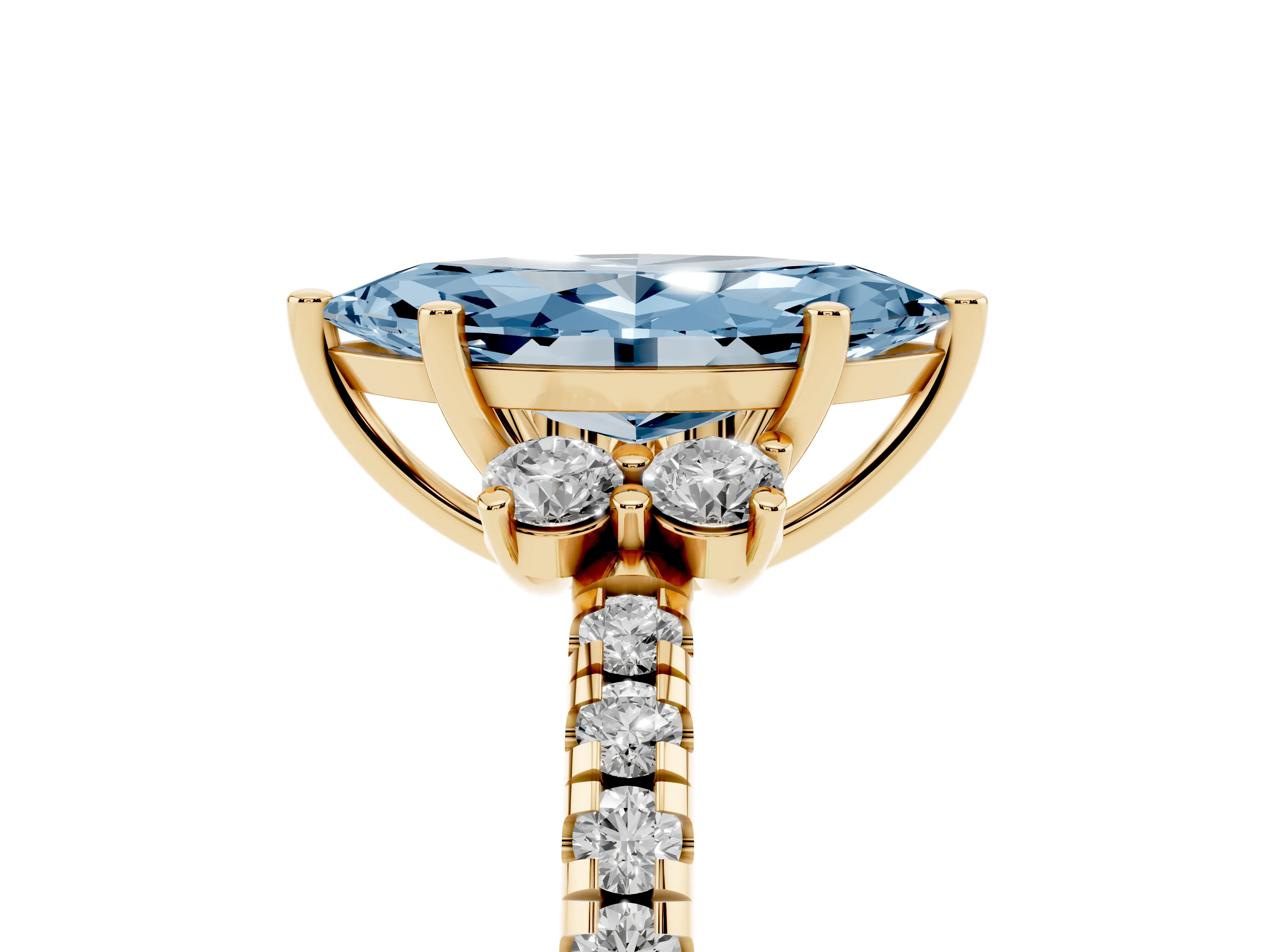 Fancy Blue Marquise Cut Diamond Three-Stone Pavé Ring Set in Yellow gold with Prong Setting