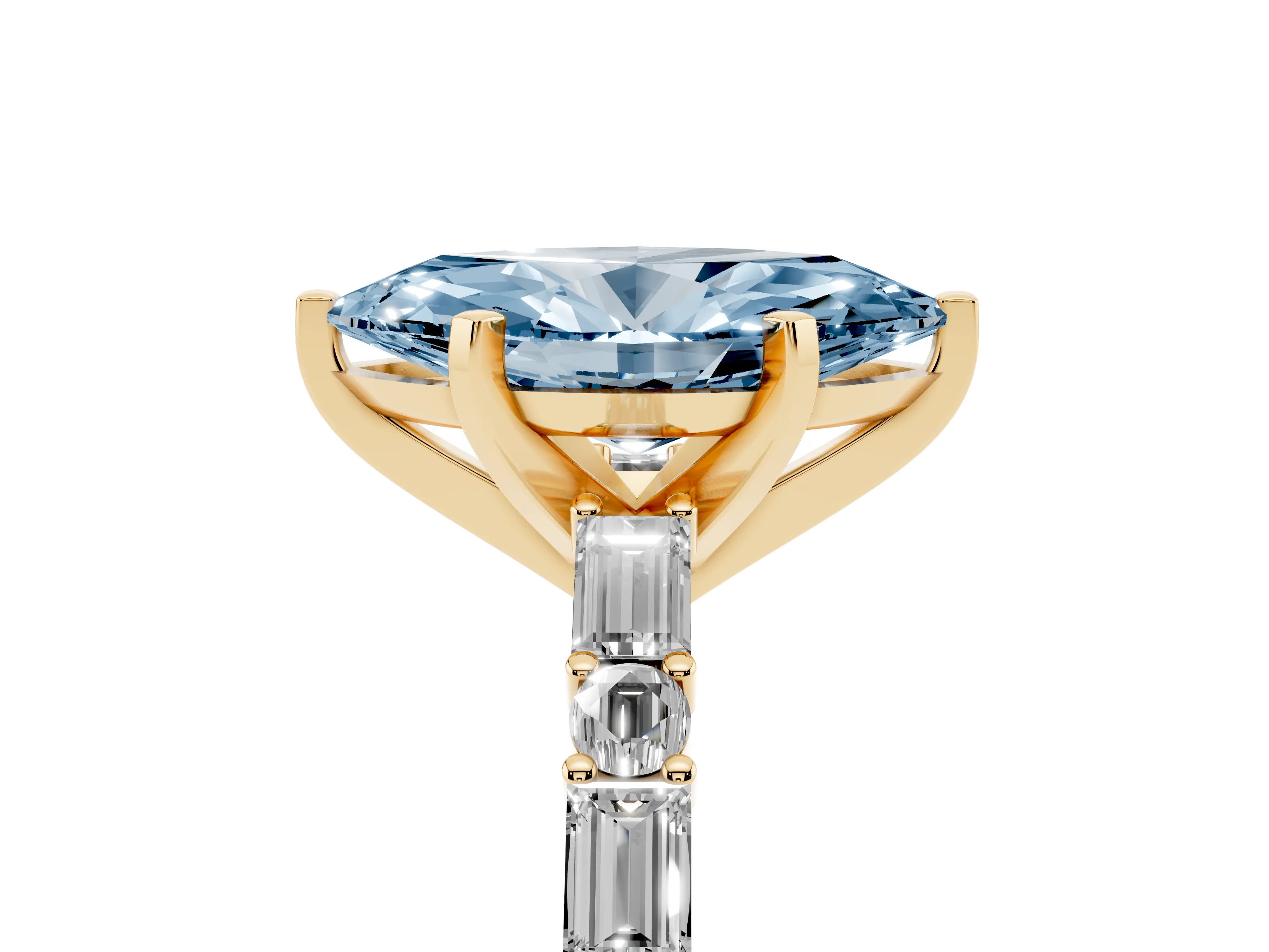 Fancy Blue Marquise Cut Diamond Solitaire Set in Yellow gold with Side Baguettes and Channel Set Band