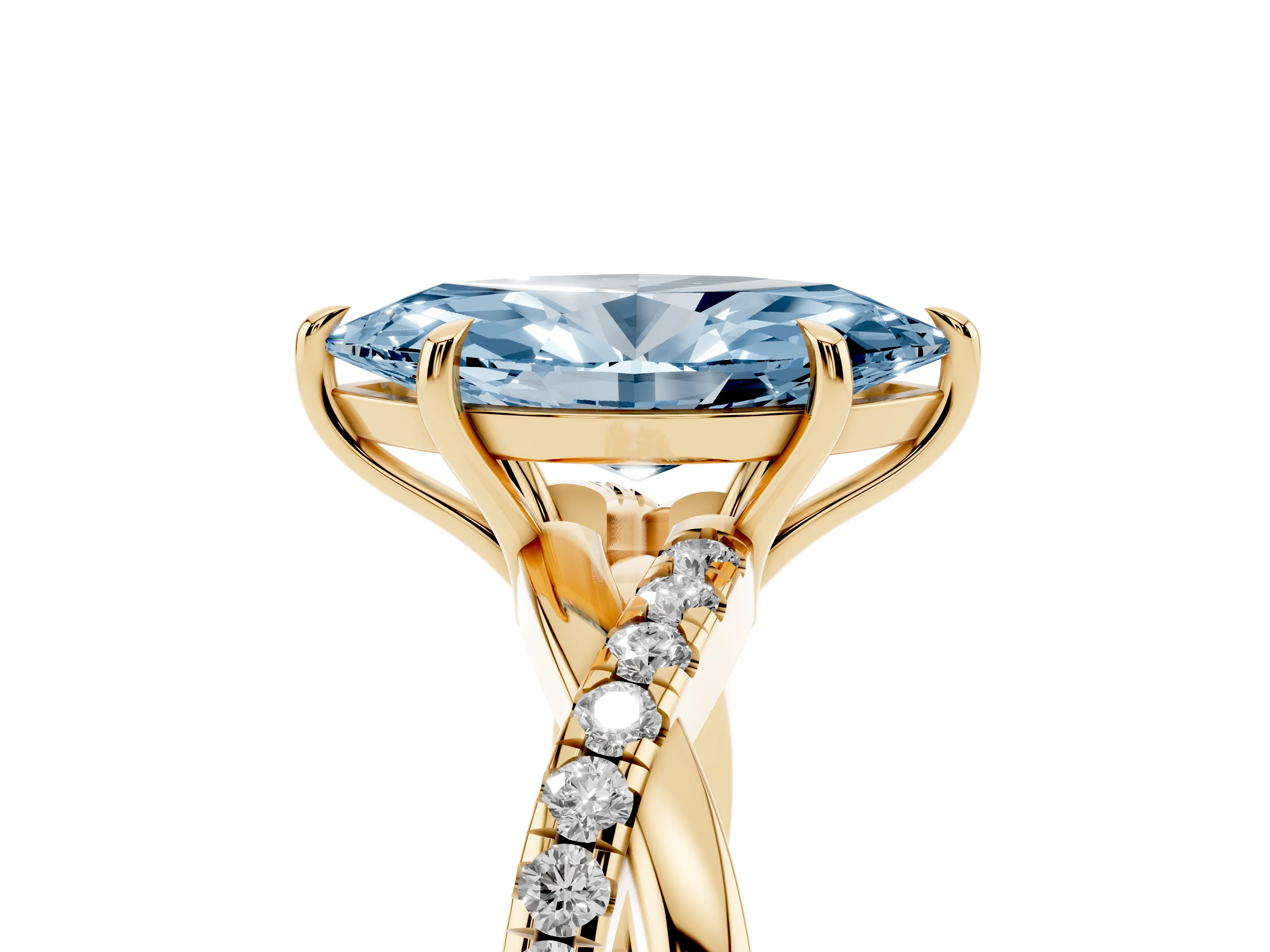 Fancy Blue Marquise Cut Diamond Twisted Pavé Band Ring Set in Yellow gold with Prong Setting
