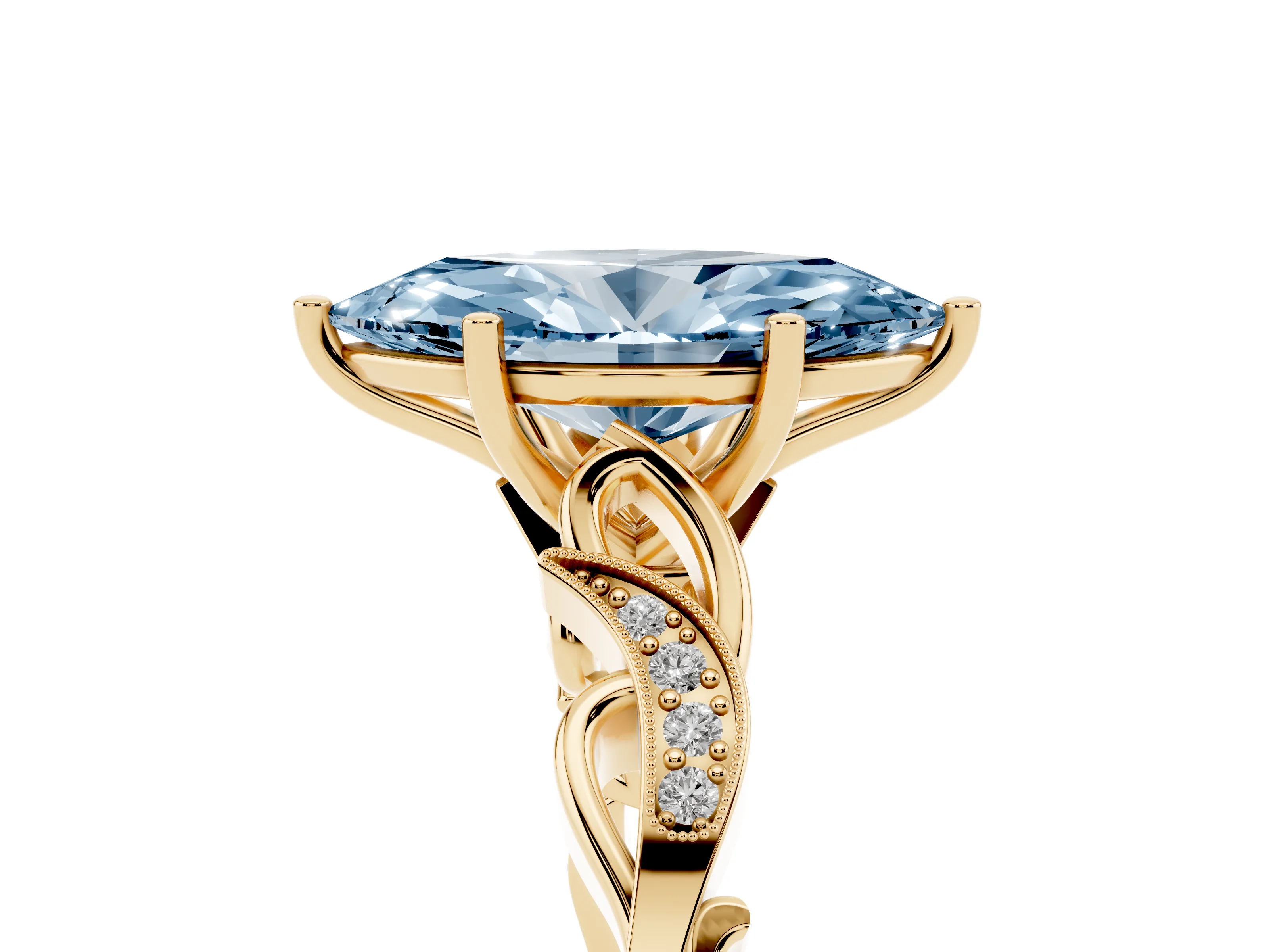 Fancy Blue Marquise Cut Diamond Vine Band Solitaire Ring Set in Yellow gold with Milgrain Prong Setting