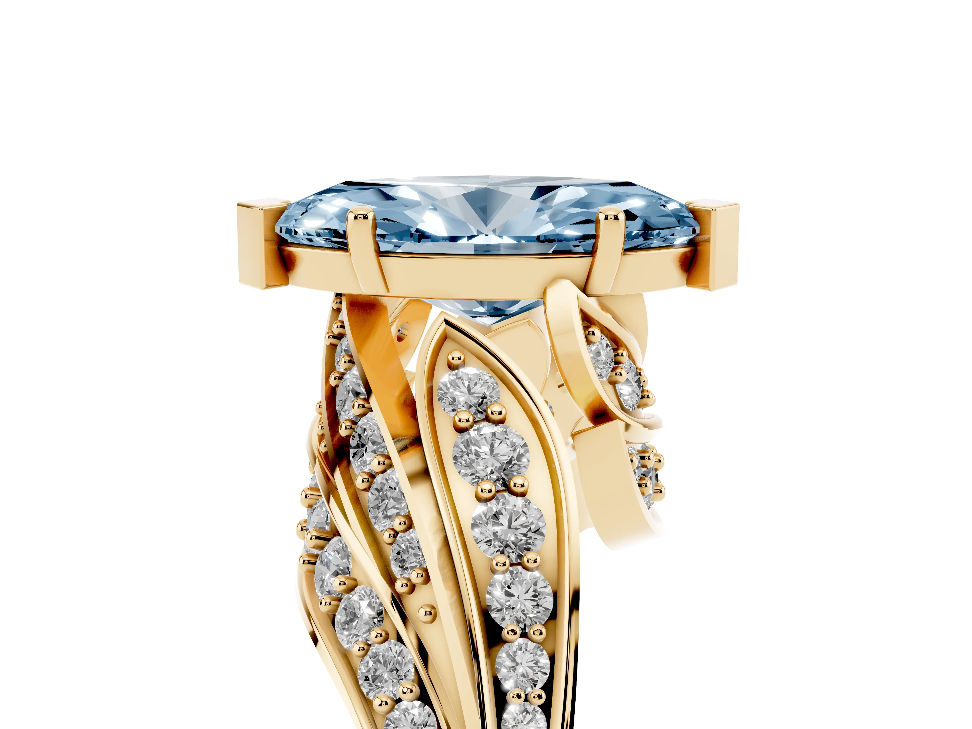 Fancy Blue Marquise Cut Diamond Solitaire Ring Set in Yellow gold with Layered Twist Pavé Band