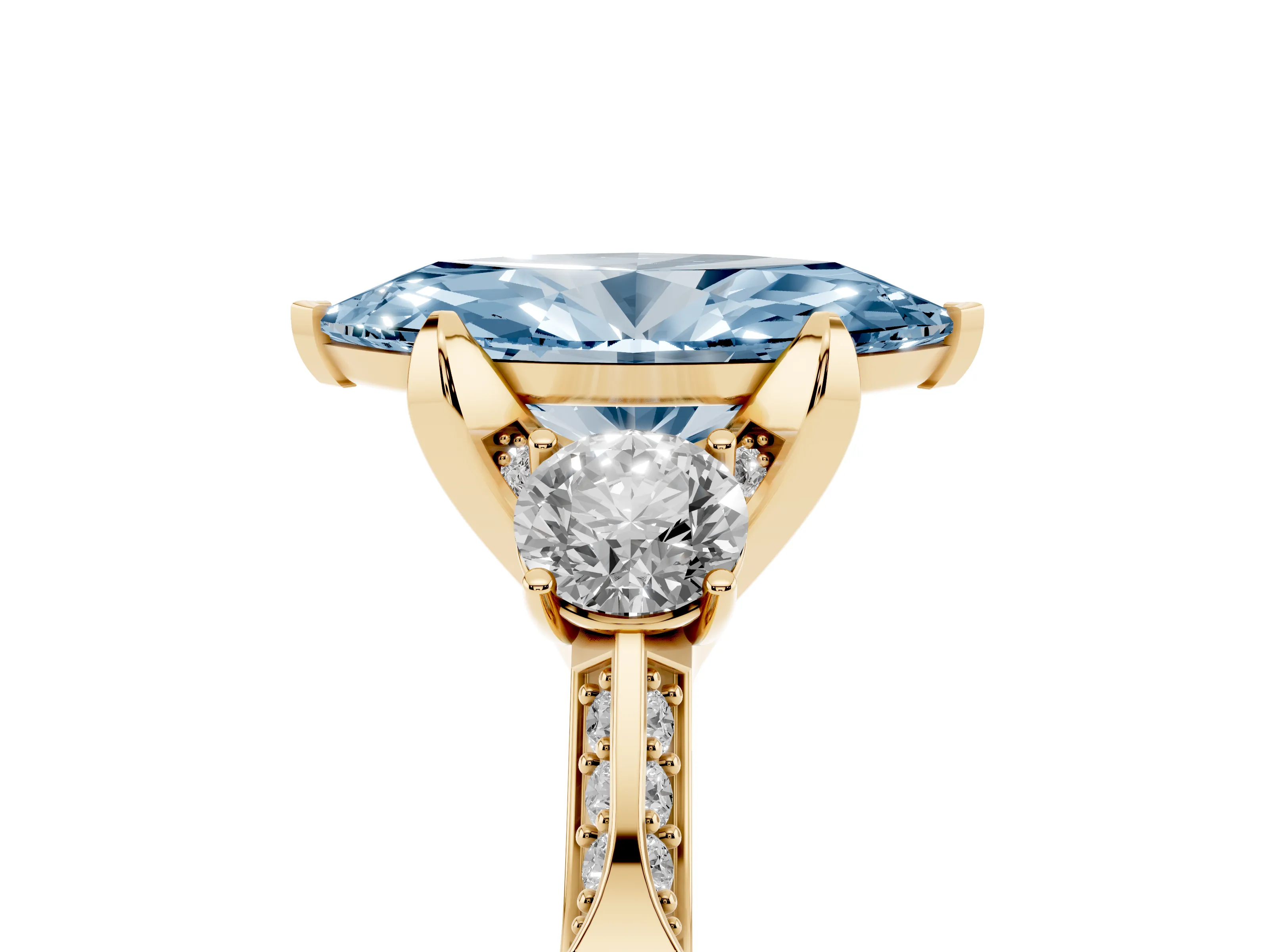 Fancy Blue Marquise Cut Diamond Three-Stone Ring Set in Yellow gold with Pavé Band and Smaller Side Stones