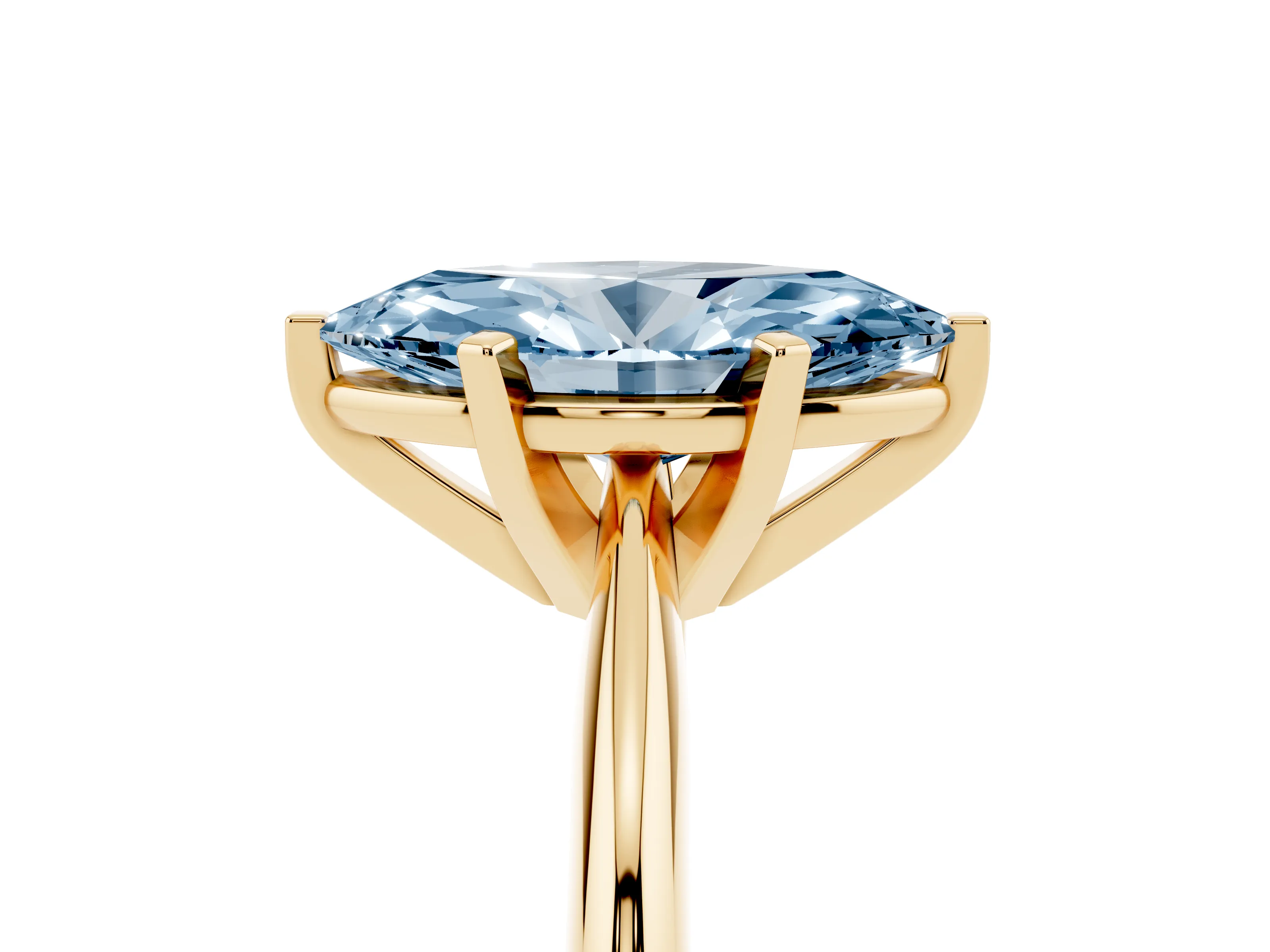 Fancy Blue Marquise Cut Diamond Solitaire Ring Set in Yellow gold with Prong Setting on a Plain Round Band
