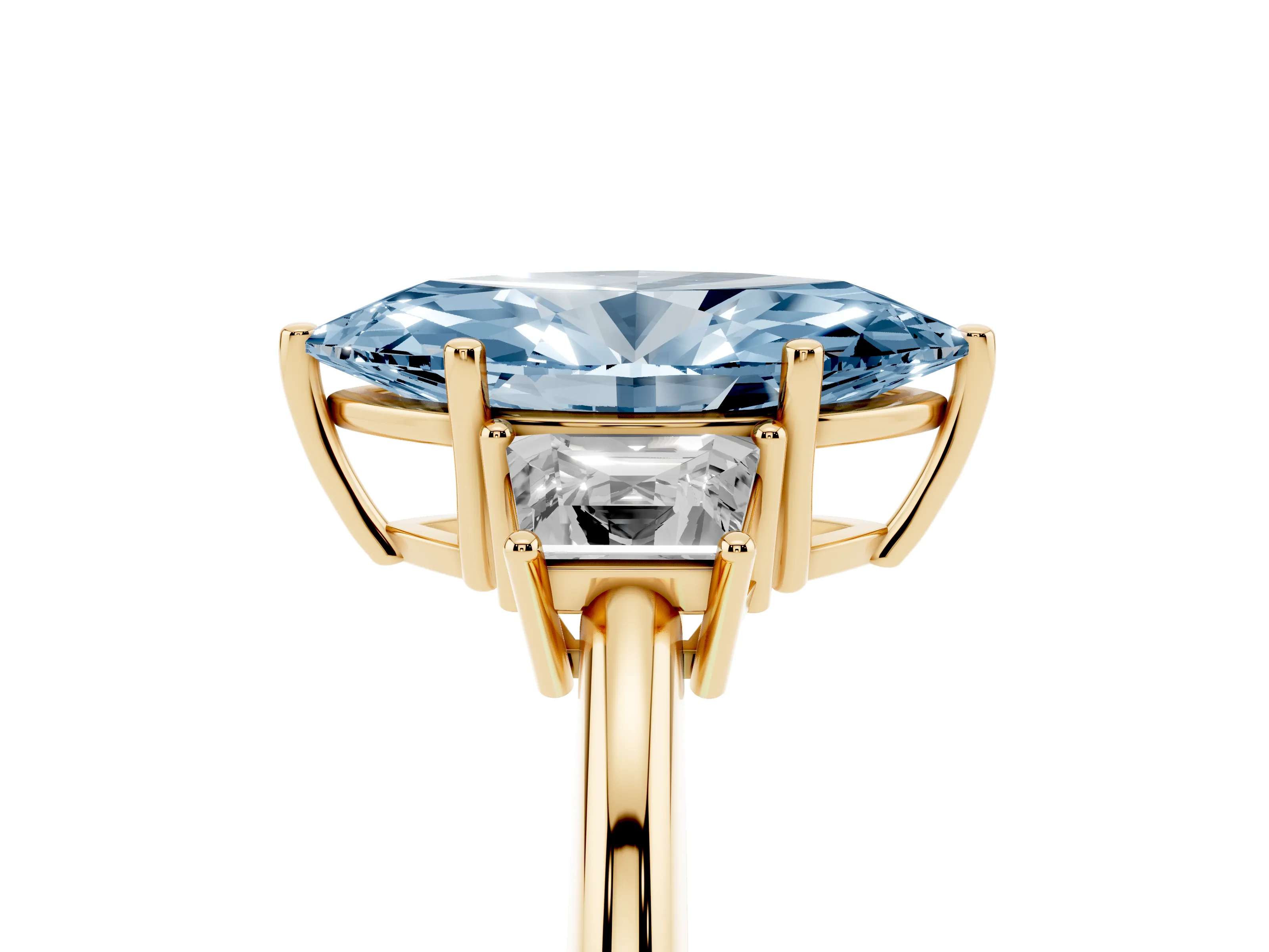 Fancy Blue Marquise Cut Diamond Three-Stone Ring Set in Yellow gold with Trapezoid Side Stones and Prong Setting