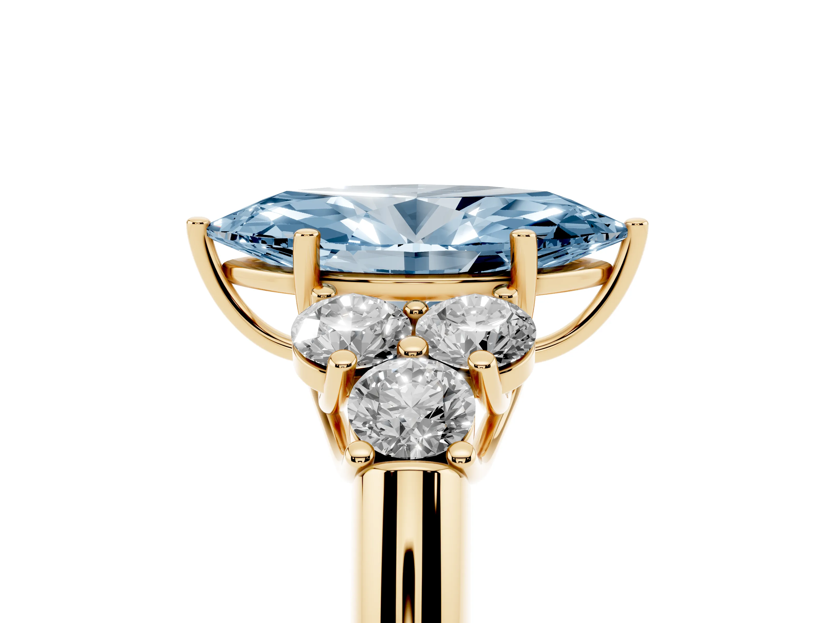 Fancy Blue Marquise Cut Diamond Cluster Ring Set in Yellow gold with Round Accent Stones and Prong Setting on a Plain Band