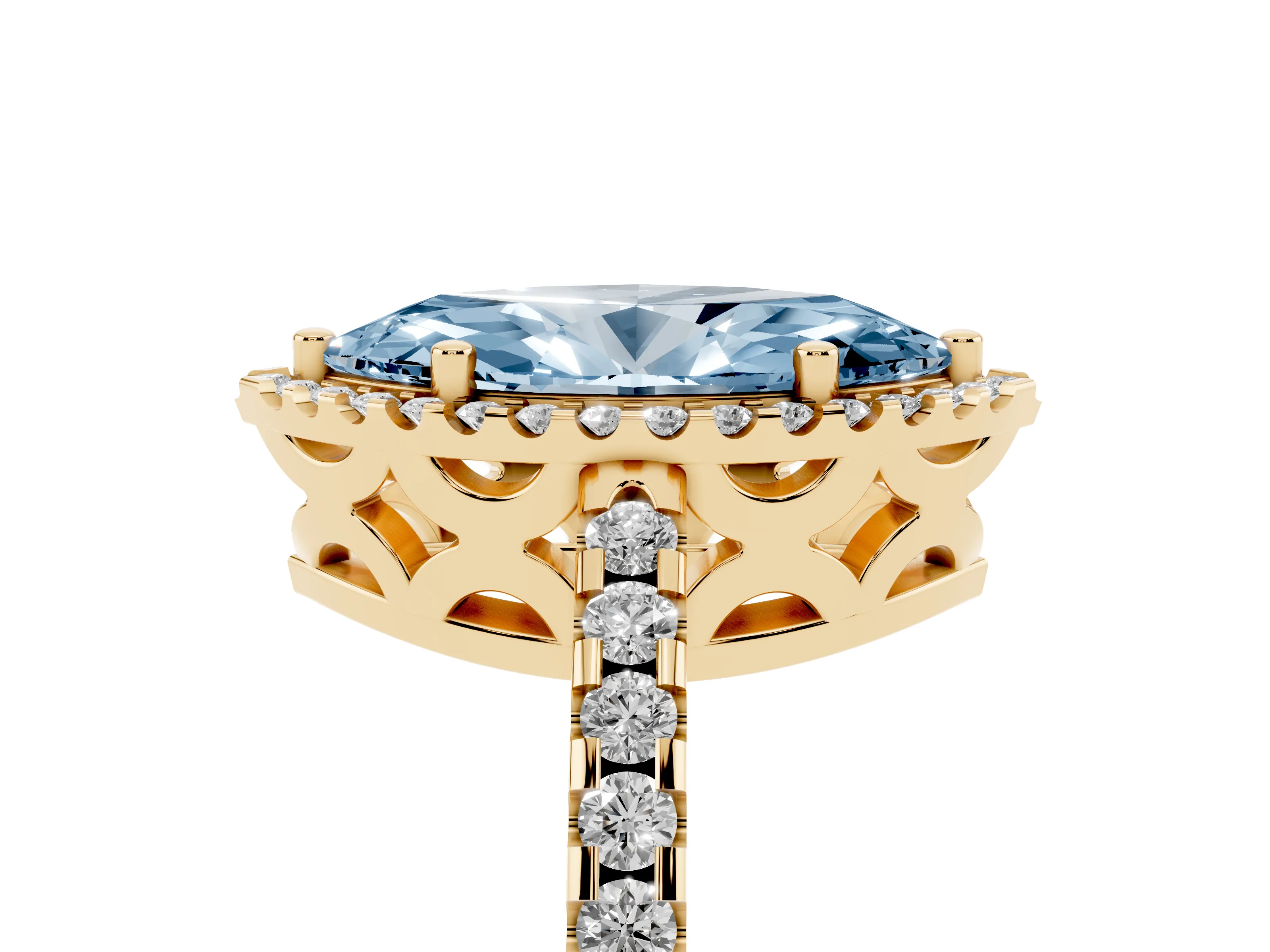 Fancy Blue Marquise Cut Diamond Halo Ring Set in Yellow gold with Pavé Shoulders and Halo-Framed Center