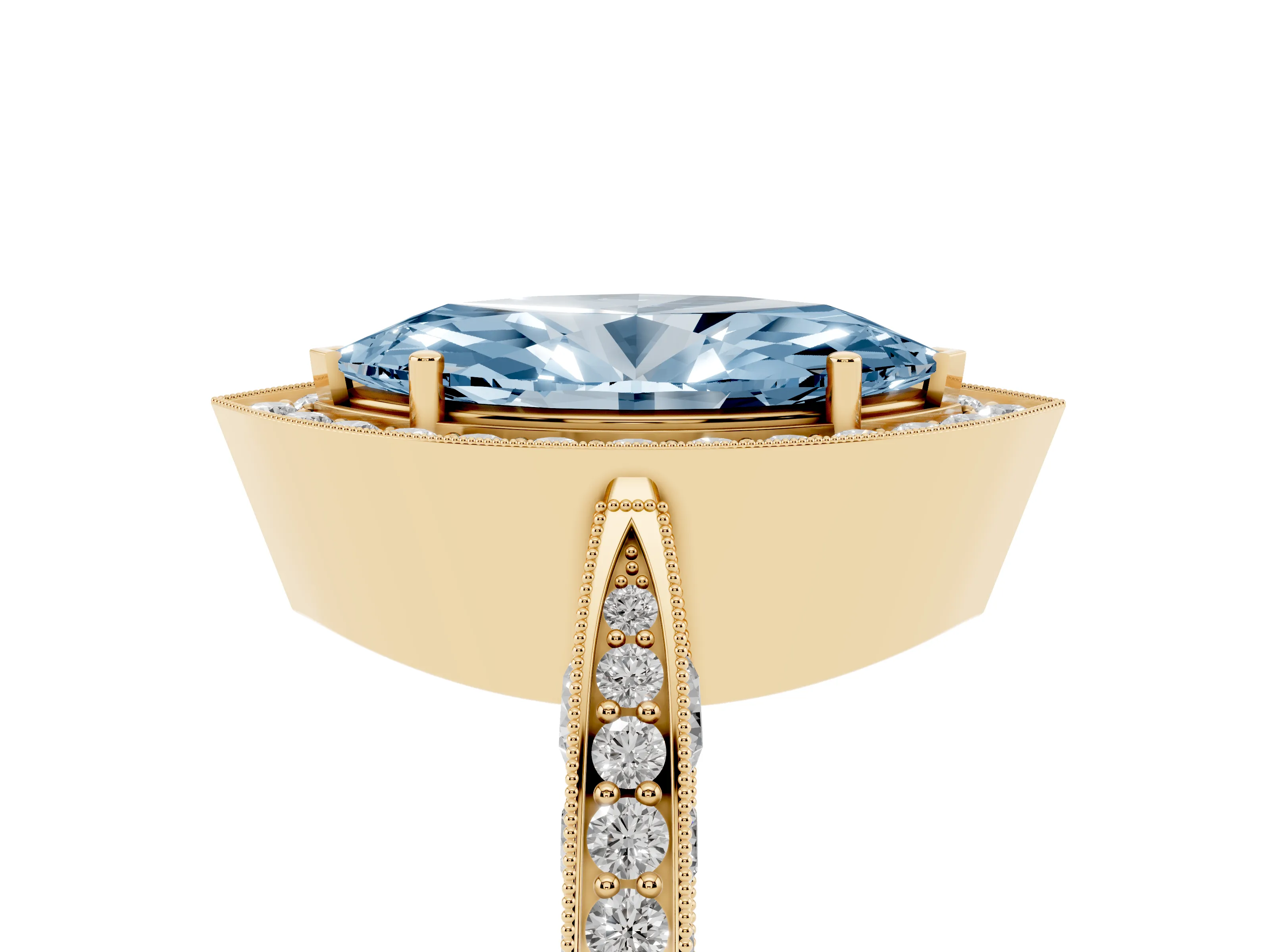 Fancy Blue Marquise Cut Diamond Halo Engagement Ring Set in Yellow gold with Accent Split Shank Band
