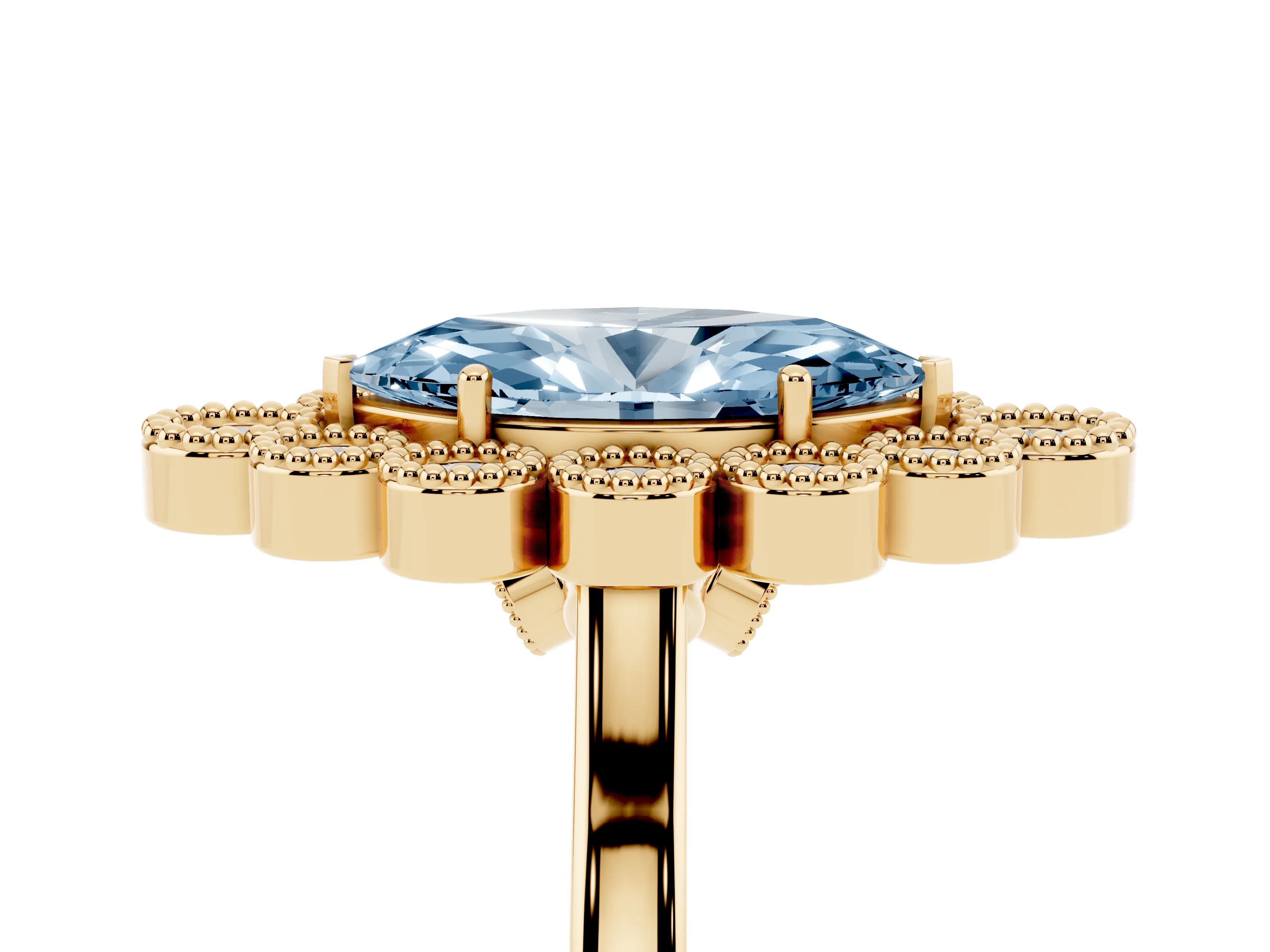 Fancy Blue Marquise Cut Diamond Cluster Halo Ring Set in Yellow gold with Milgrain Bezel Accents and Plain Band