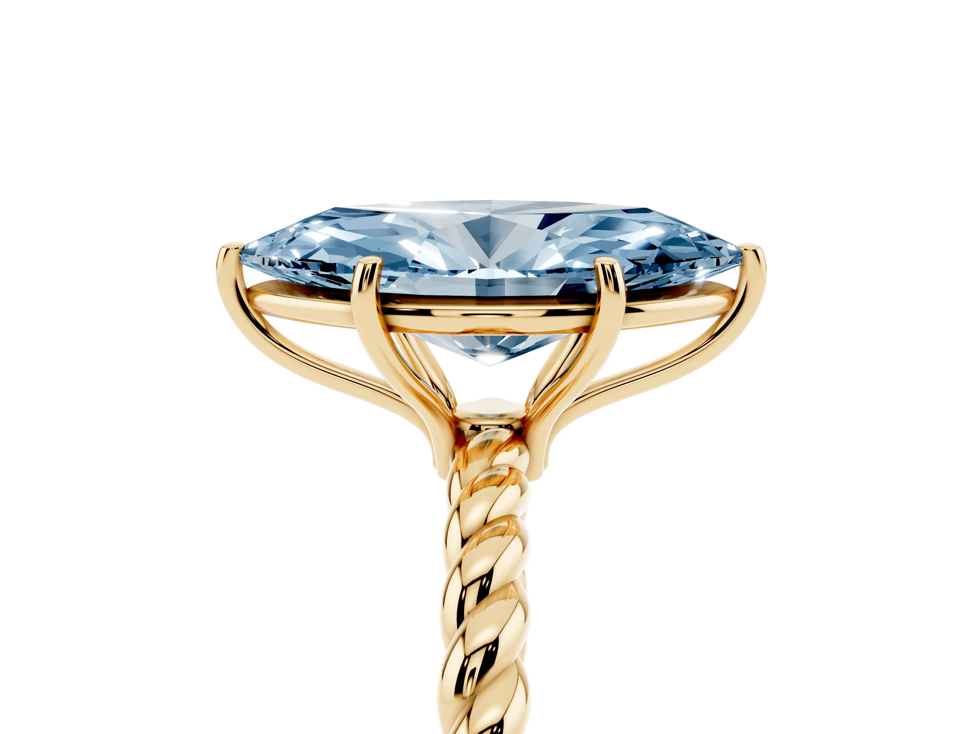 Fancy Blue Marquise Cut Diamond Solitaire Ring Set in Yellow gold with Twist Band and Prong Setting