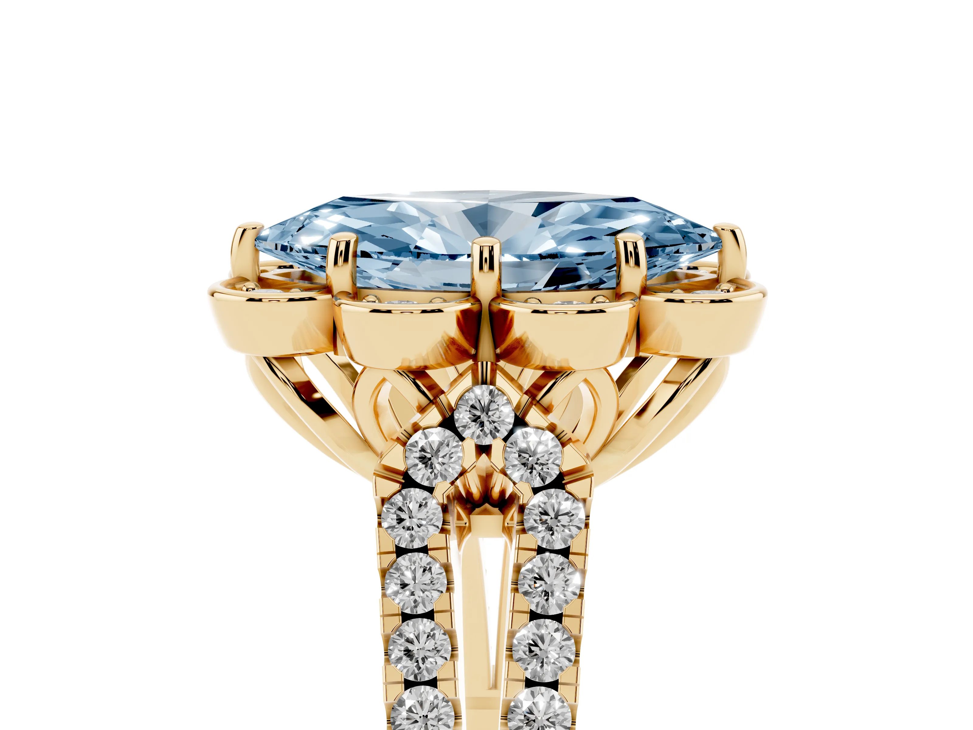 Fancy Blue Marquise Cut Diamond Floral Halo Split Shank Engagement Ring Set in Yellow gold with Pavé Shank