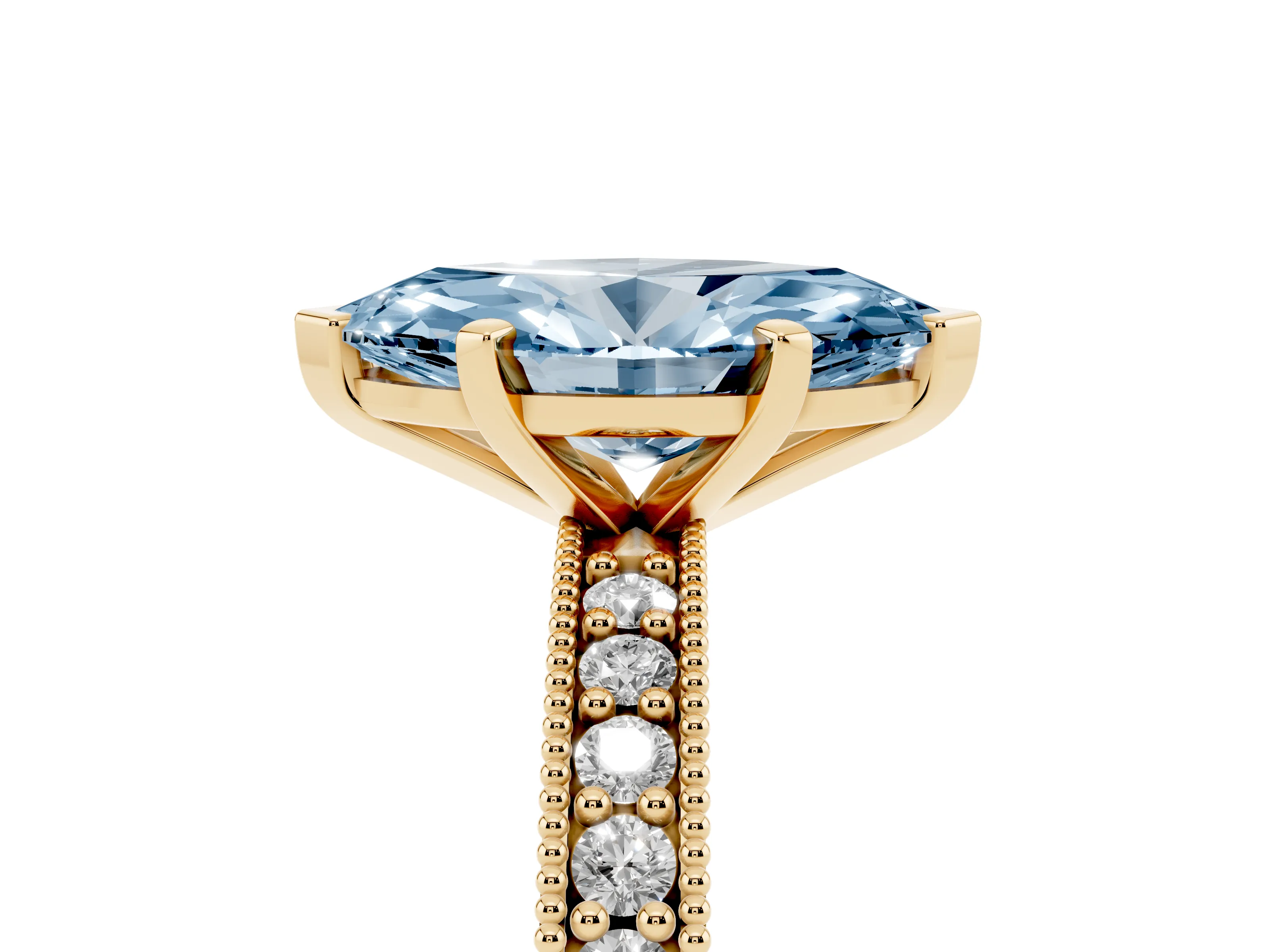 Fancy Blue Marquise Cut Diamond Milgrain Pavé Engagement Ring Set in Yellow gold with Prong Setting