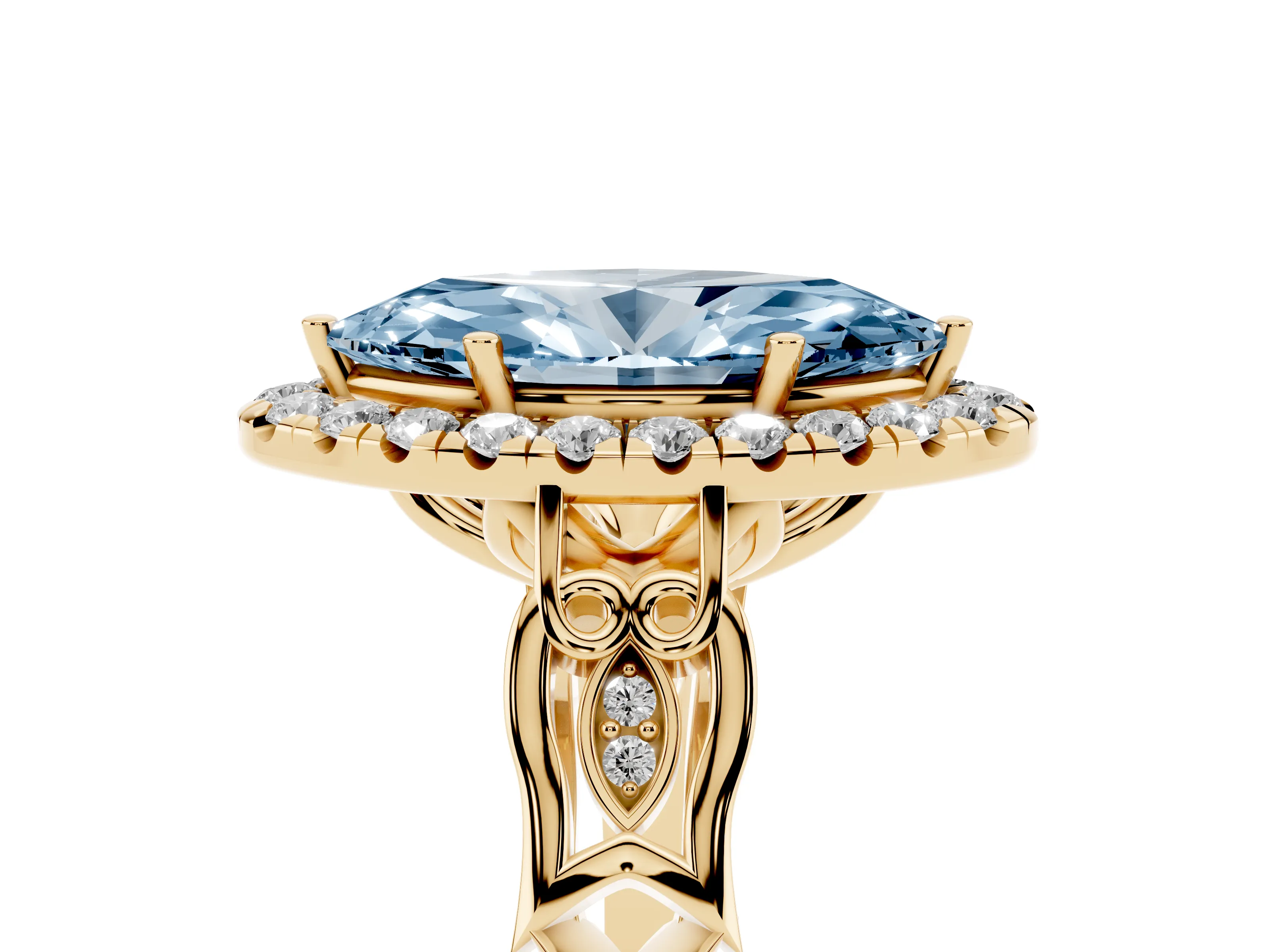 Fancy Blue Marquise Cut Diamond Halo Engagement Ring Set in Yellow gold with Filigree Band and Prong-Set Center