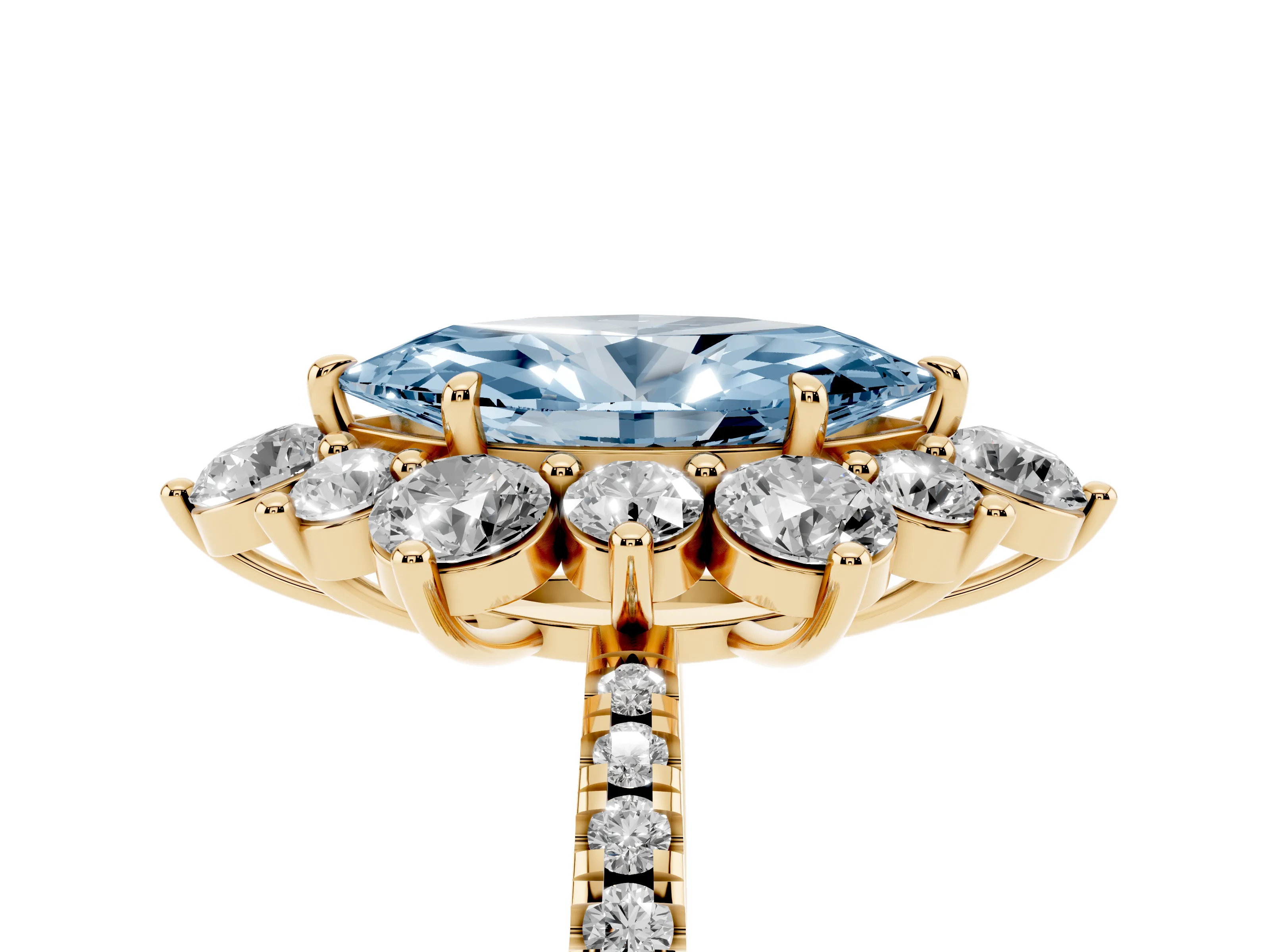 Fancy Blue Marquise Cut Diamond Floral Halo Ring Set in Yellow gold with Round Pavé Band and Prong Setting