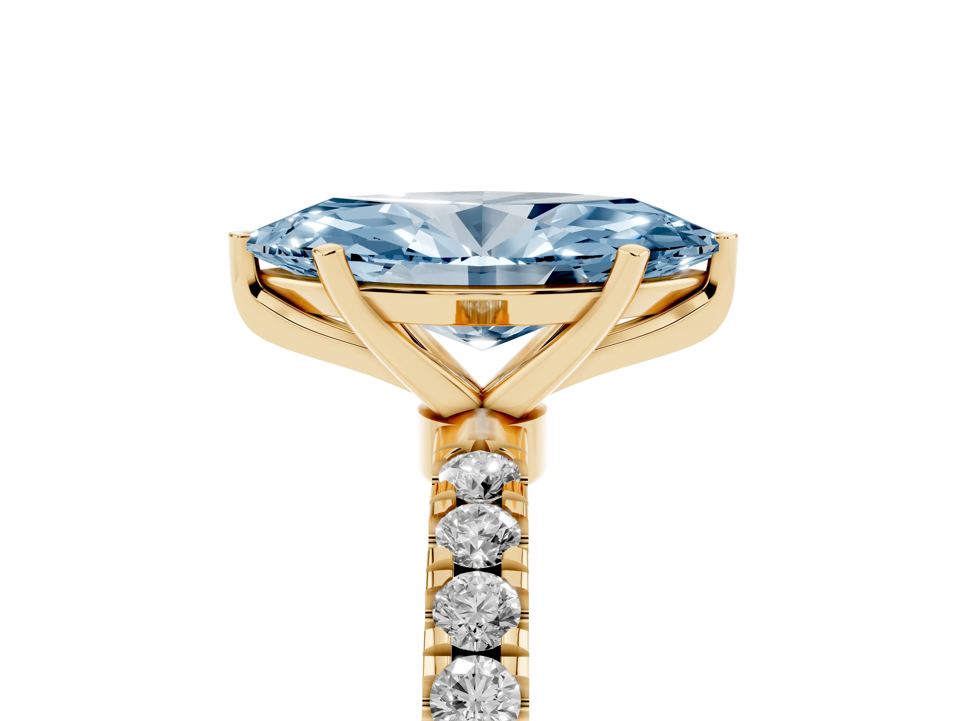 Fancy Blue Marquise Cut Diamond Solitaire Ring Set in Yellow gold with Pavé Accents and Prong Setting