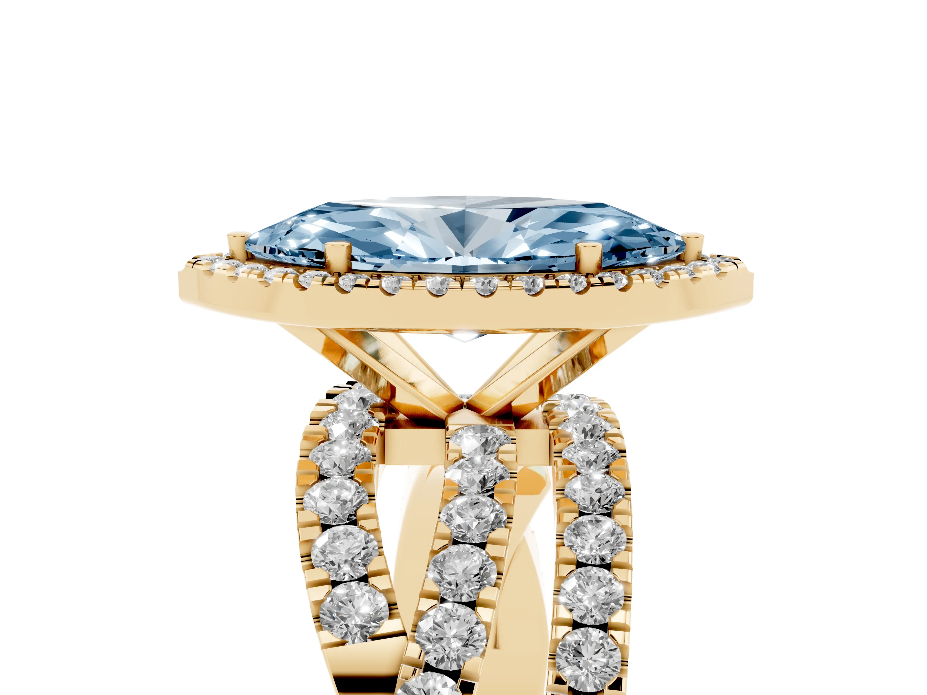 Fancy Blue Marquise Cut Diamond Halo Ring Set in Yellow gold with Round Crossover Split Shank and Prong Setting
