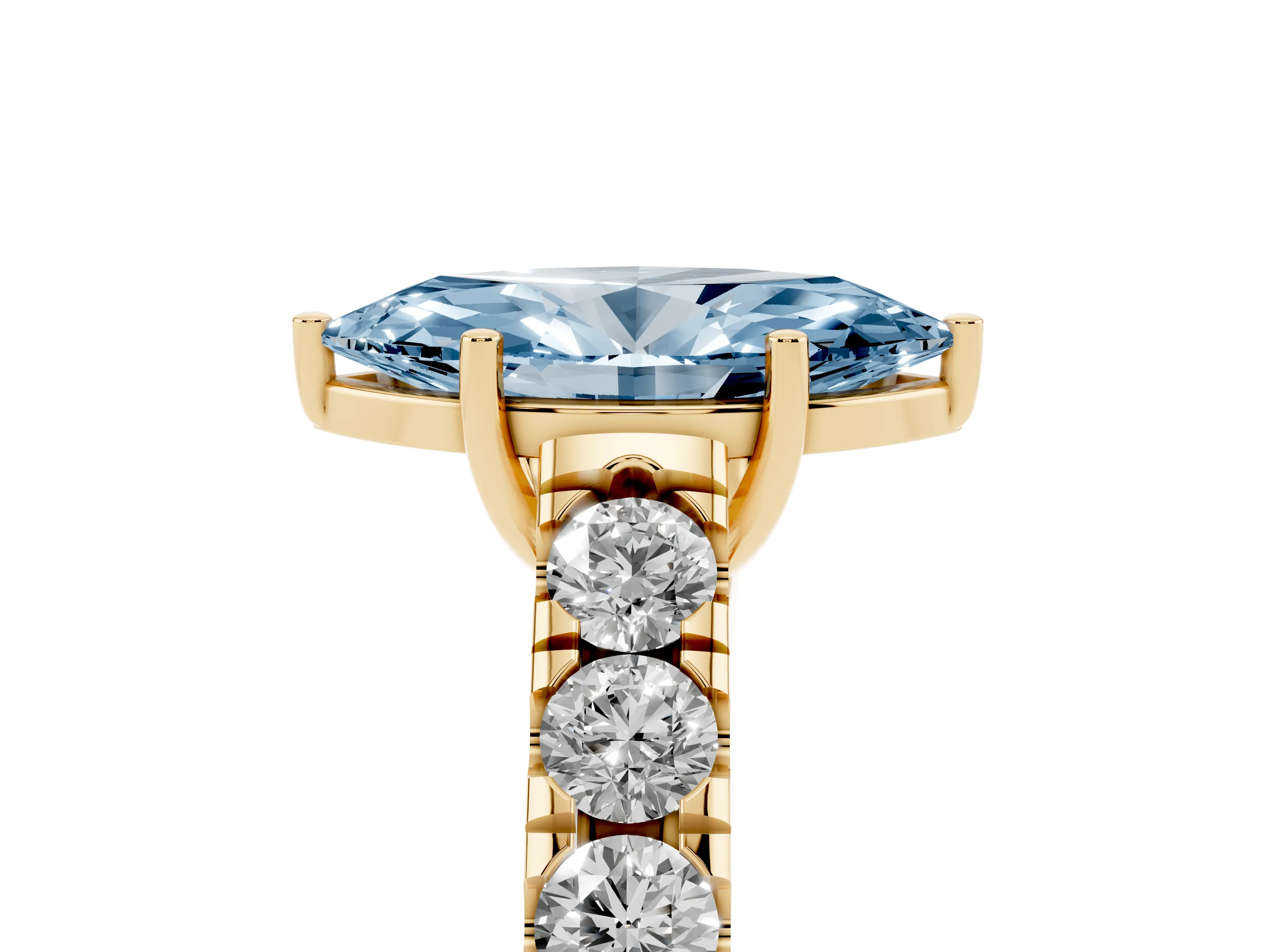 Fancy Blue Marquise Cut Diamond Solitaire Ring Set in Yellow gold with Cut-Down Micro Pavé Band and Prong Setting