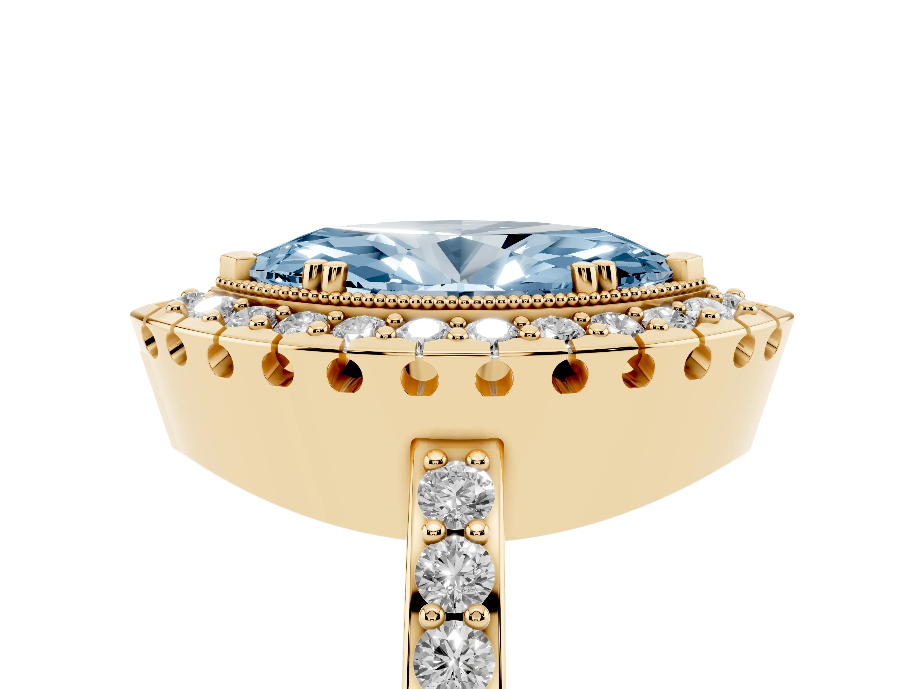 Fancy Blue Marquise Cut Diamond Halo Ring Set in Yellow gold with Pavé Shank and Prong Setting