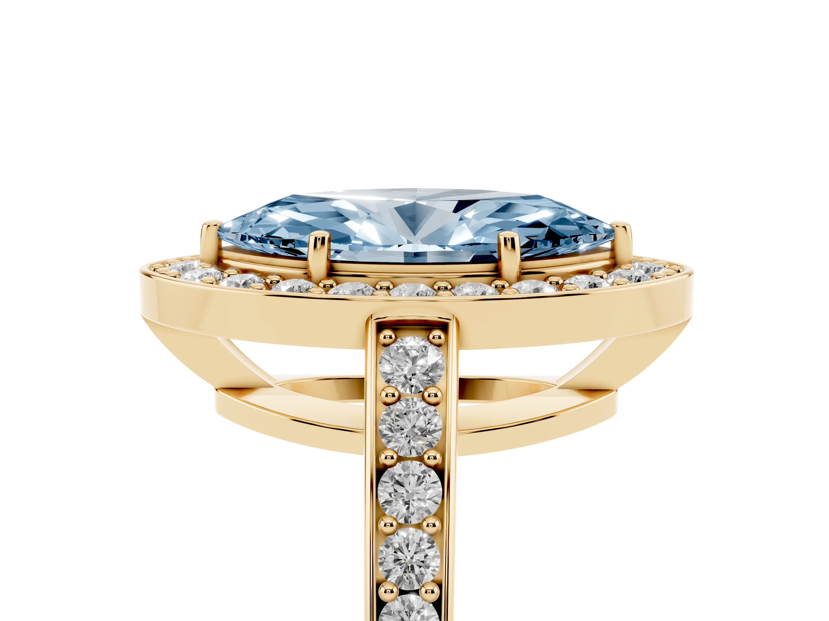 Fancy Blue Marquise Cut Diamond Halo Pavé Engagement Ring Set in Yellow gold with Bezel Setting