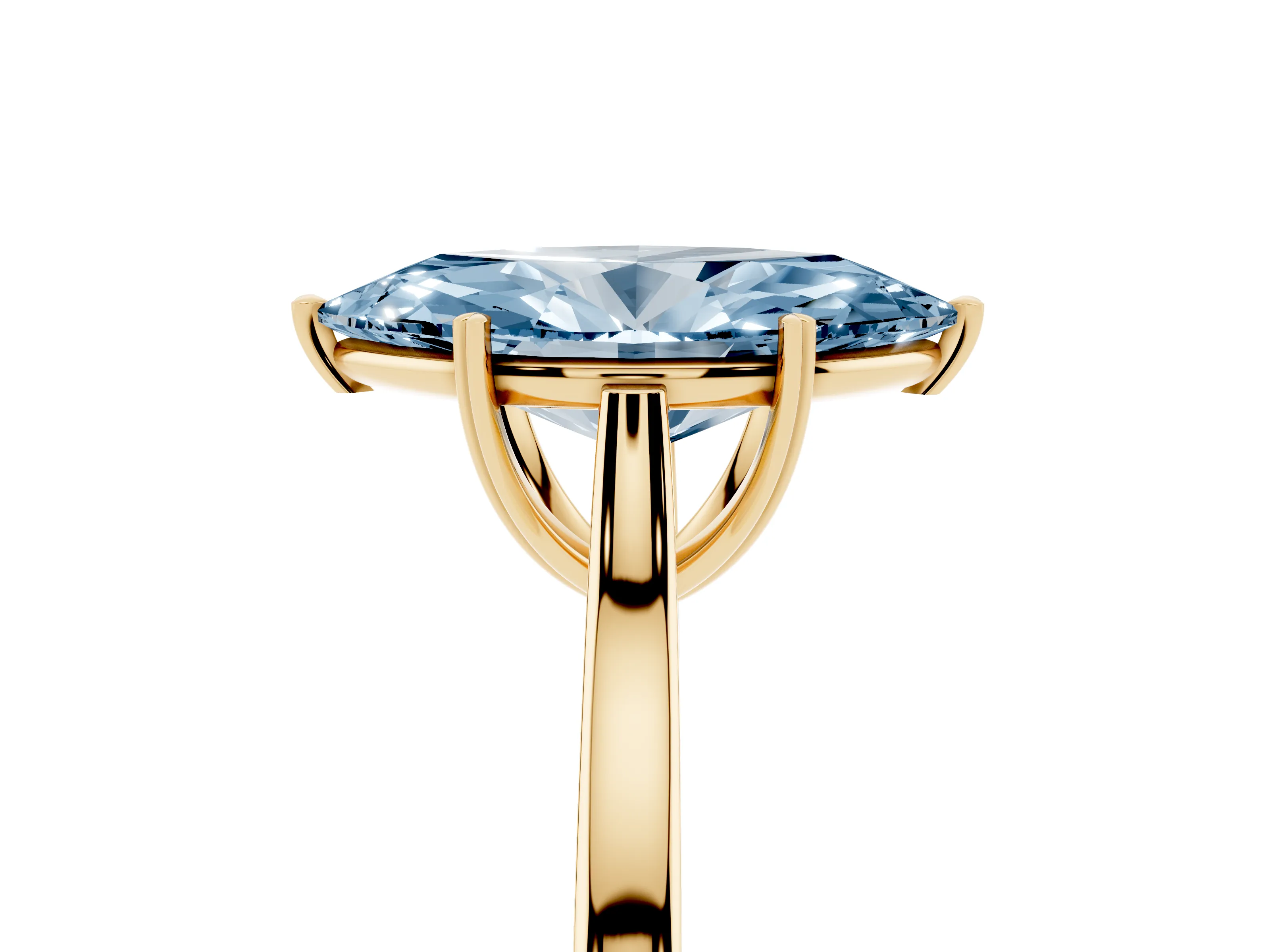 Fancy Blue Marquise Cut Diamond Solitaire Heart Prong Engagement Ring Set in Yellow gold with Tapered Band