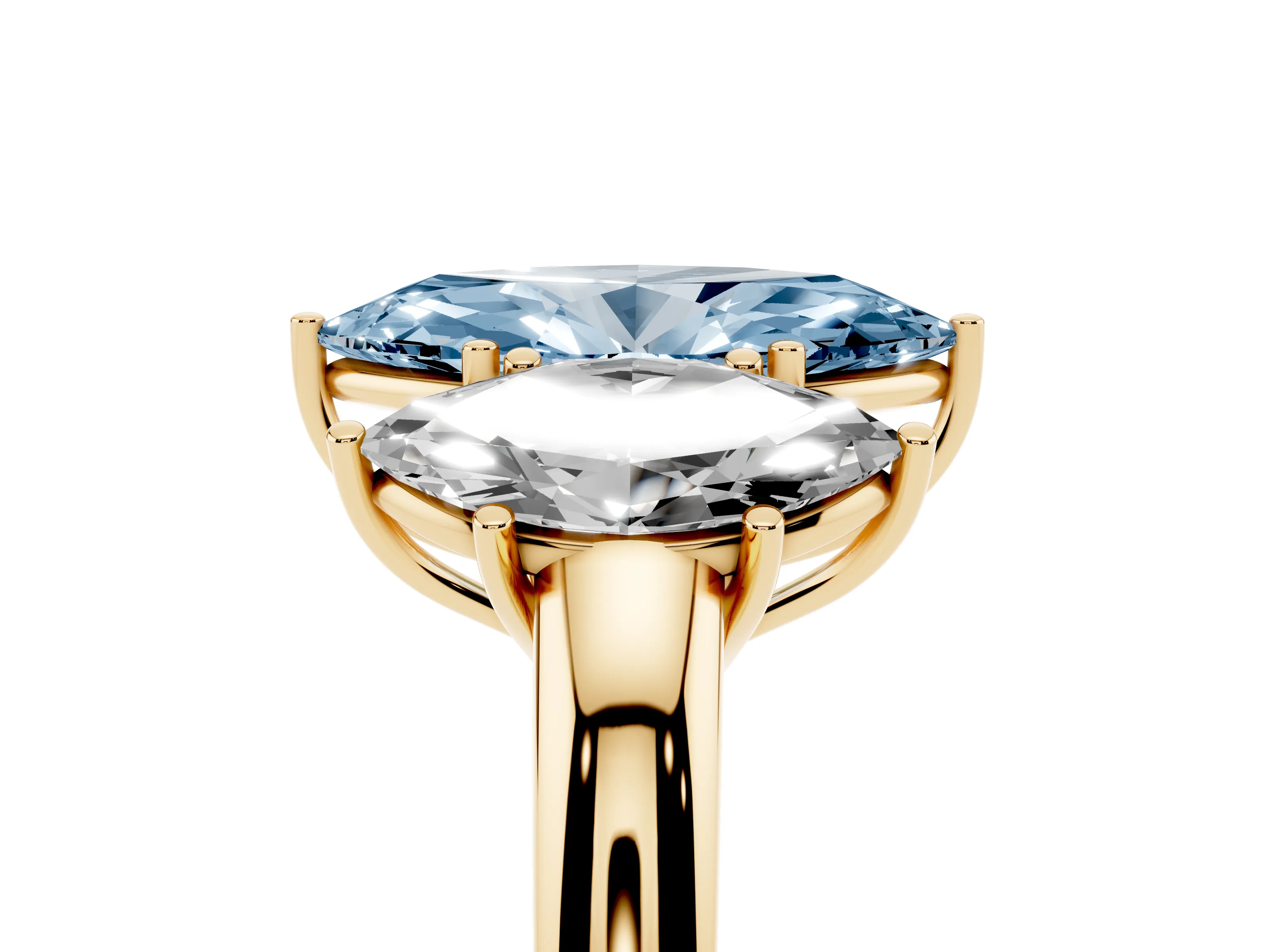 Fancy Blue Marquise Cut Diamond Three-Stone Ring Set in Yellow gold with Bold Center and Classic Band
