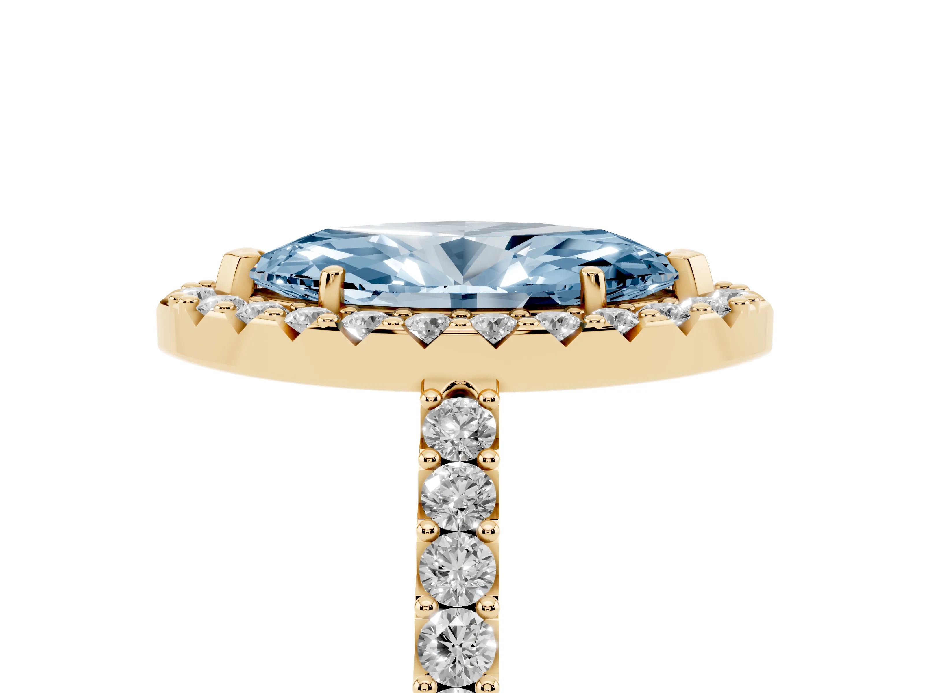 Fancy Blue Marquise Cut Diamond Halo Pavé Solitaire Ring Set in Yellow gold with Prong-Set Center Stone