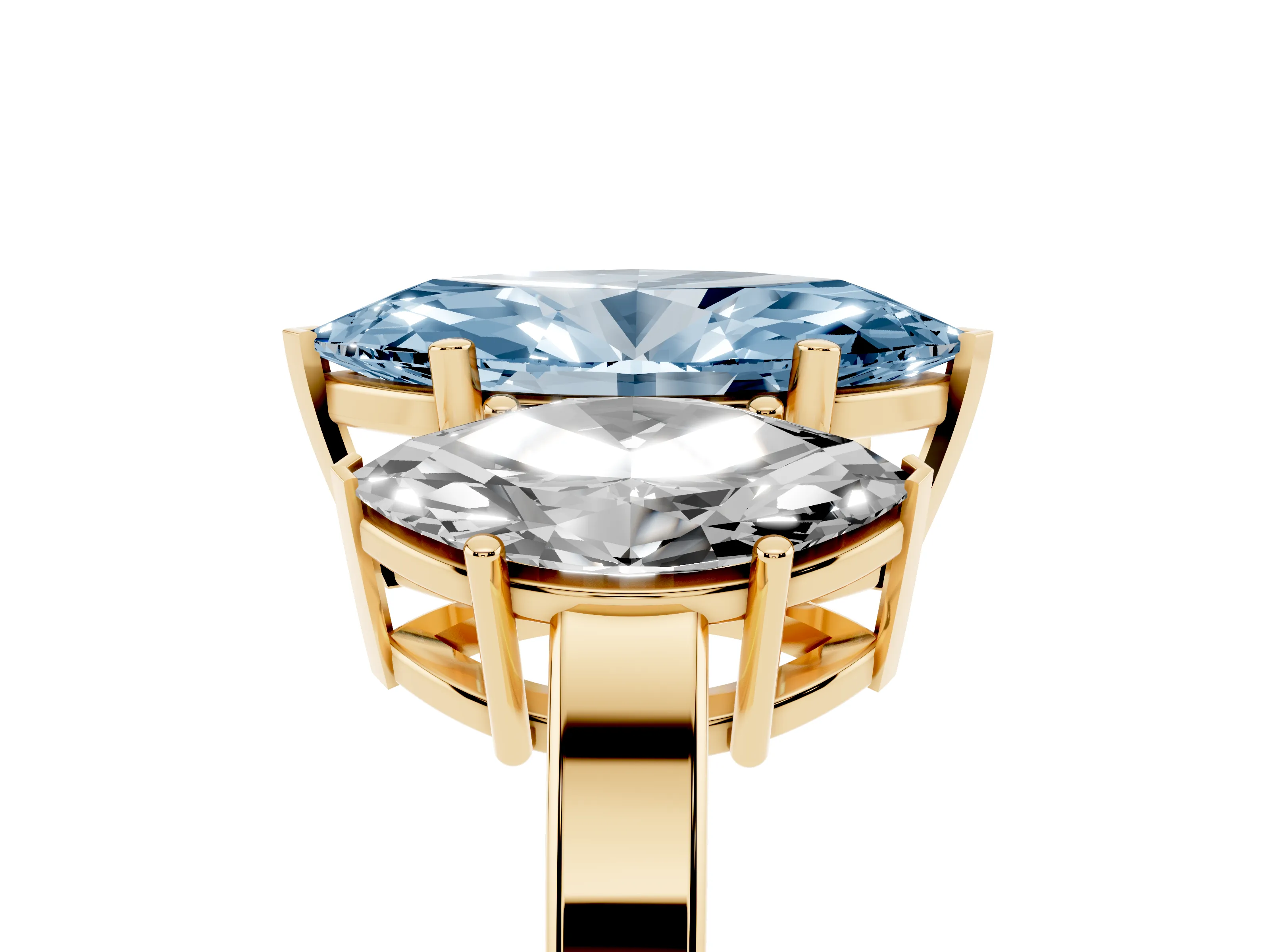 Fancy Blue Marquise Cut Diamond Three-Stone Engagement Ring Set in Yellow gold with Flat Band