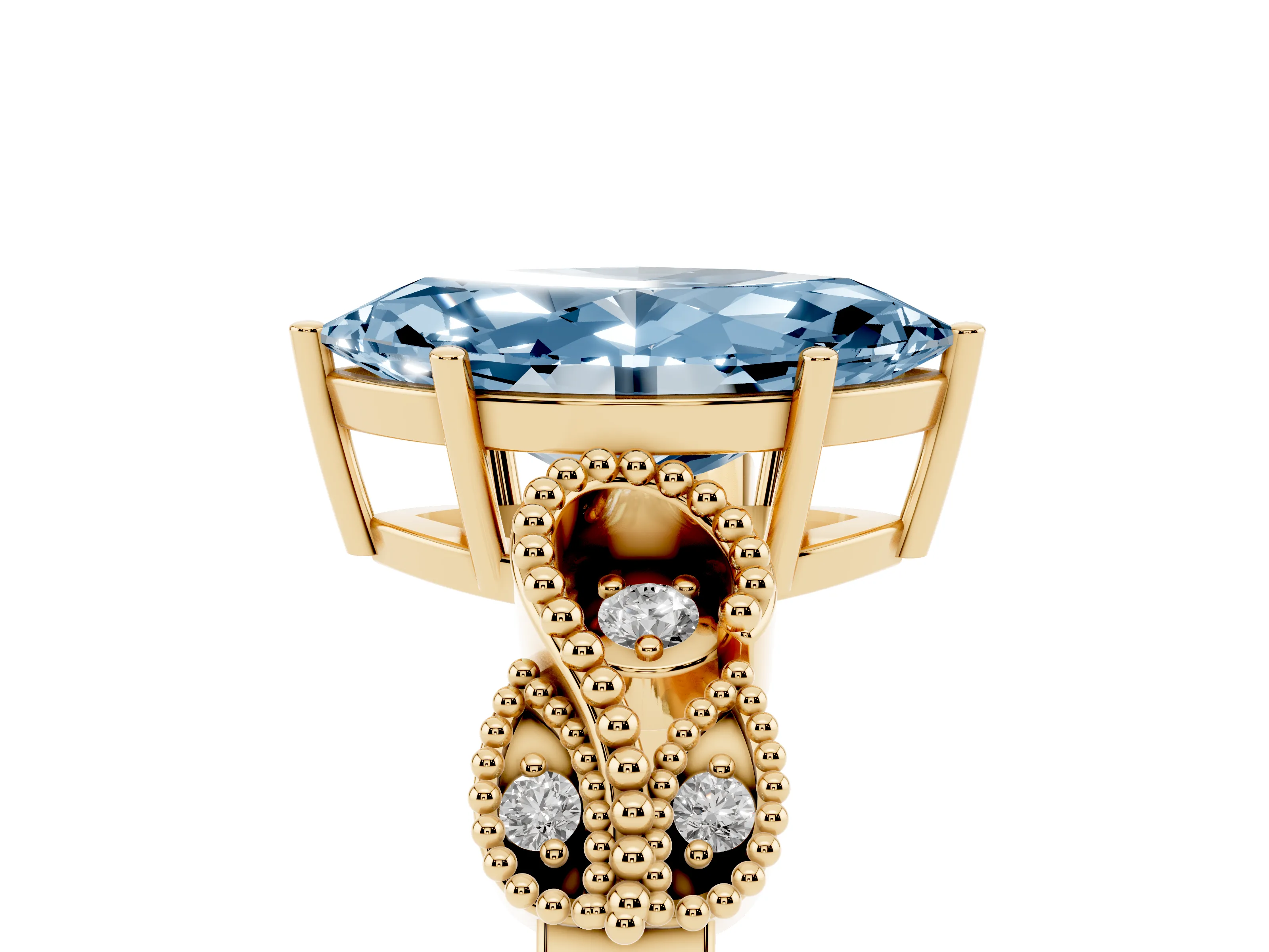 Fancy Blue Marquise Cut Diamond Milgrain Leaf Band Solitaire Ring Set in Yellow gold with Accent Stones and Prong Setting