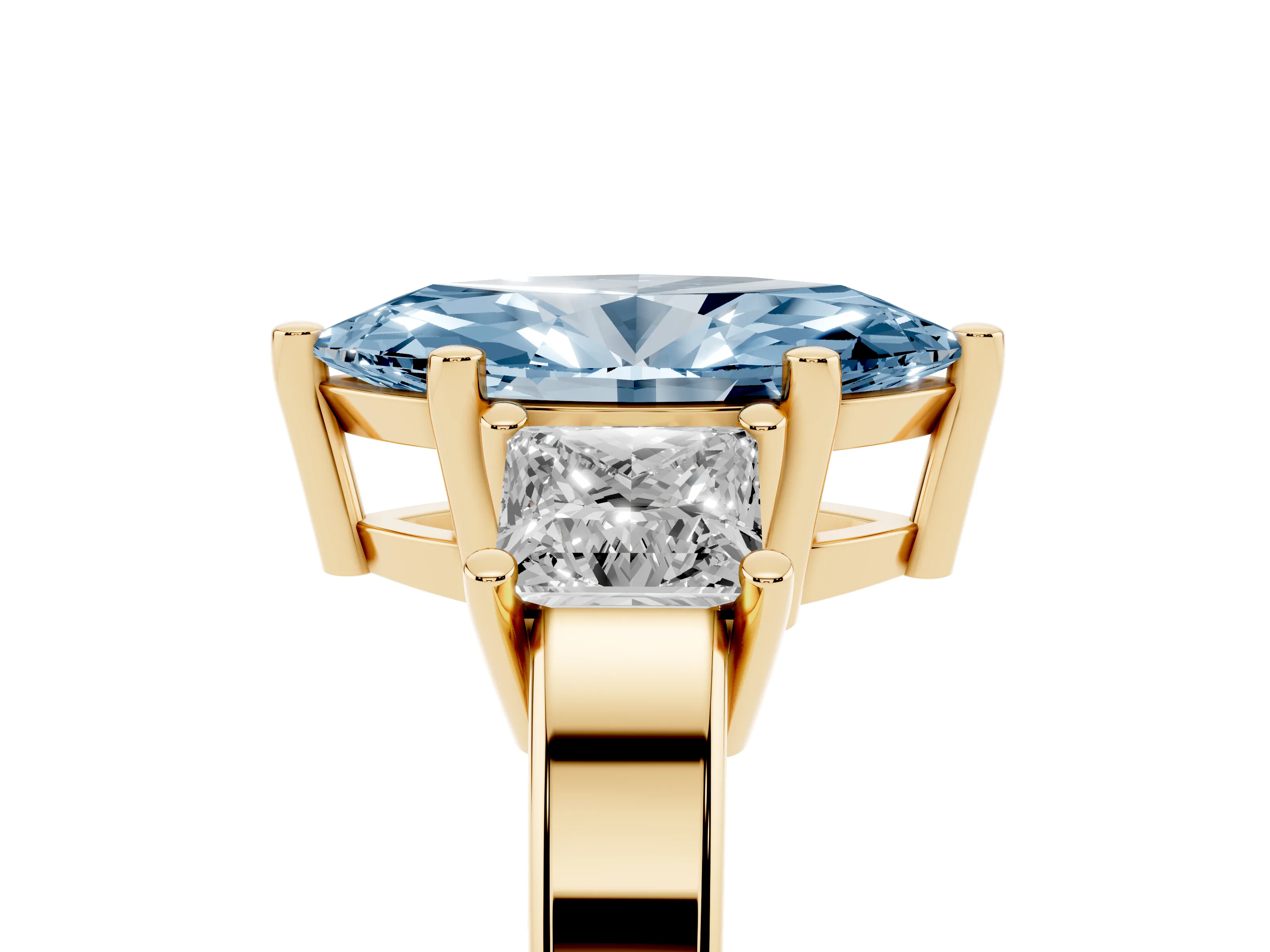 Fancy Blue Three-Stone Marquise Cut Diamond Solitaire Ring Set in Yellow gold with Prong Setting