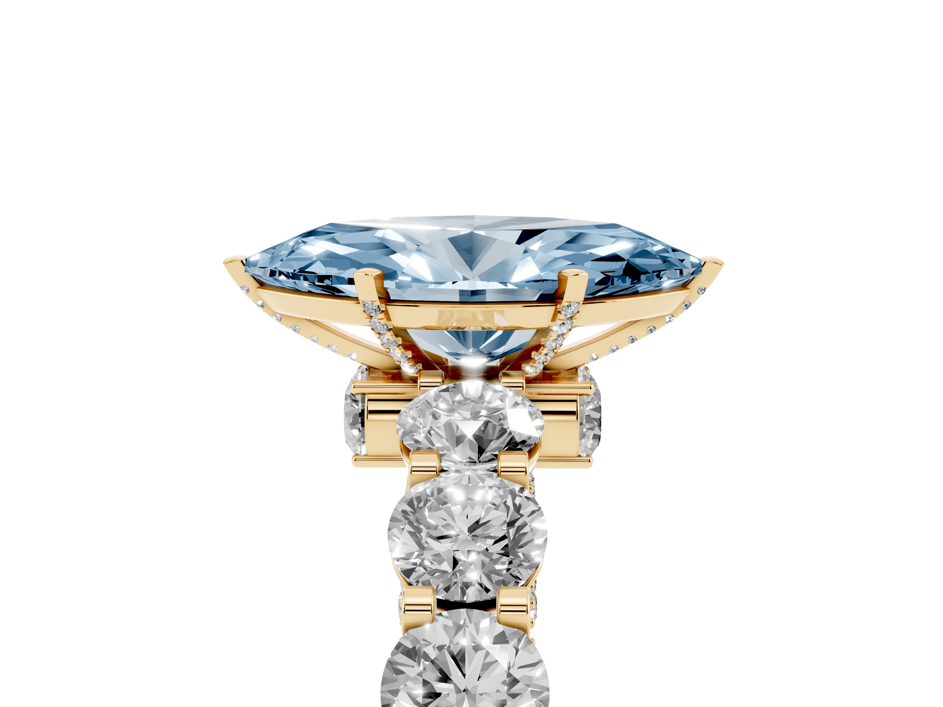 Fancy Blue Marquise Cut Diamond Side Stone Ring Set in Yellow gold with Alternating Round and Oval Side Stones