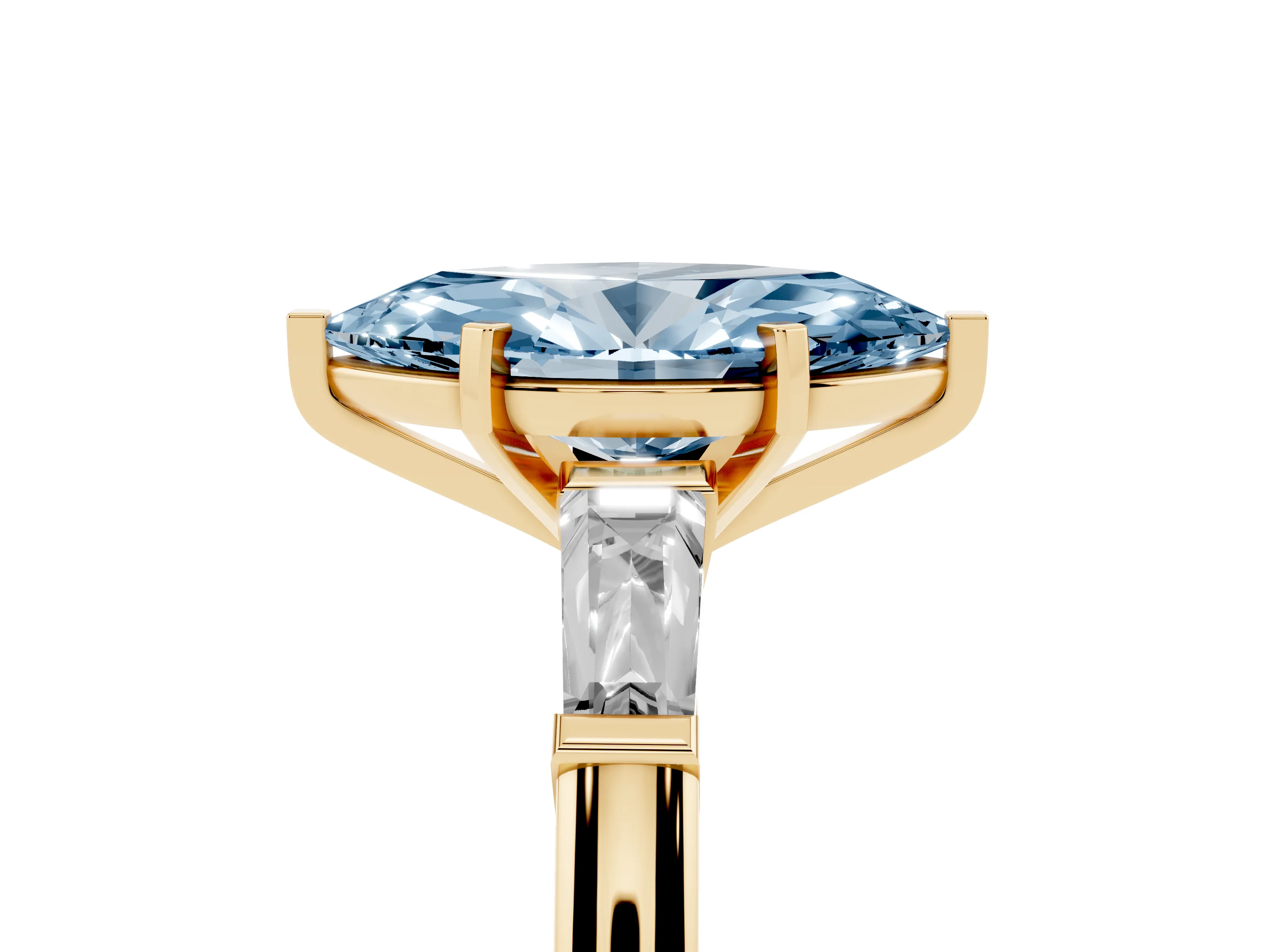 Fancy Blue Marquise Cut Diamond Solitaire Ring Set in Yellow gold with Tapered Baguette Side Stones and Prong Setting