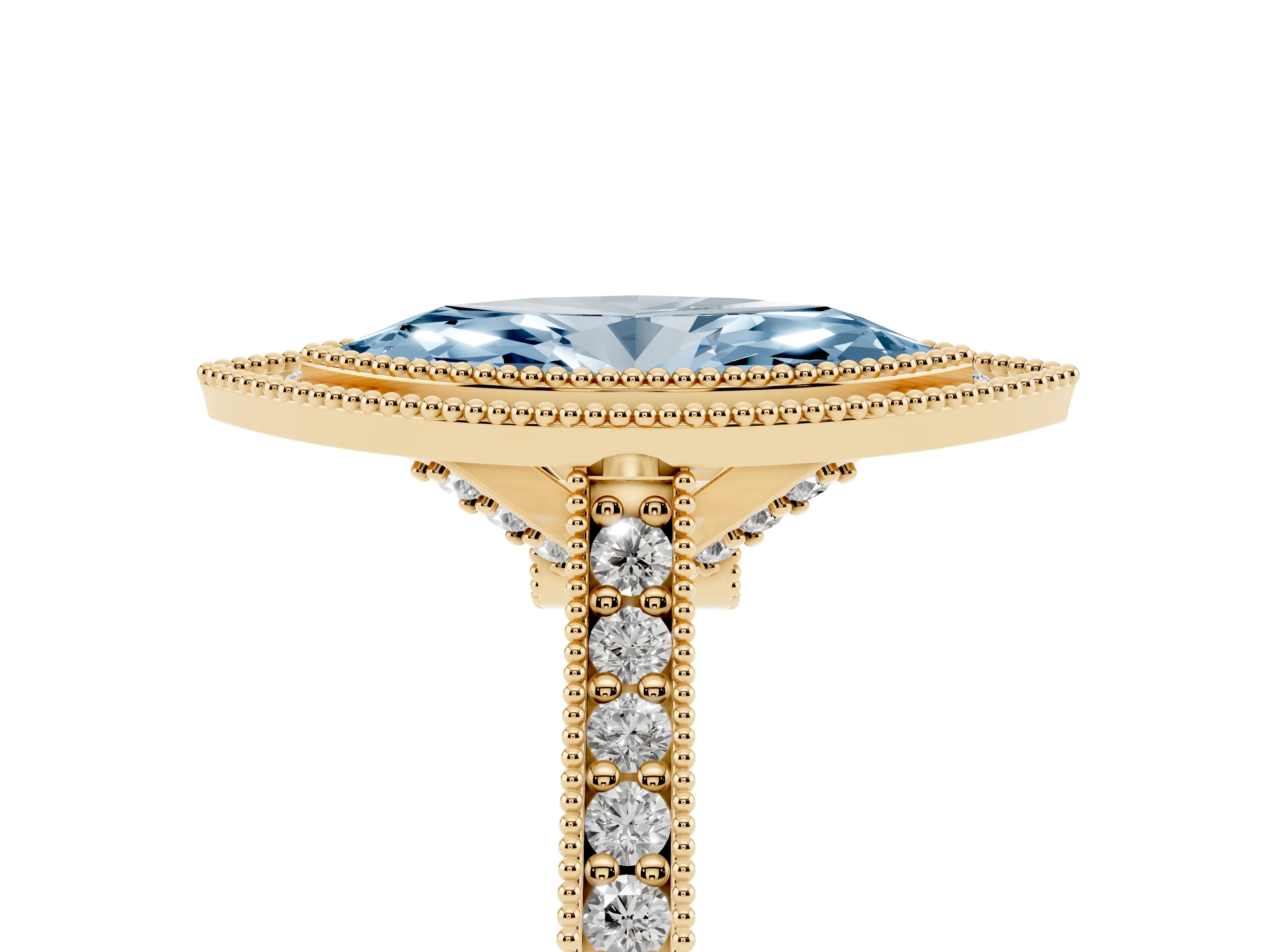 Fancy Blue Marquise Cut Diamond Halo Milgrain Pavé Band Ring Set in Yellow gold with Prong Setting