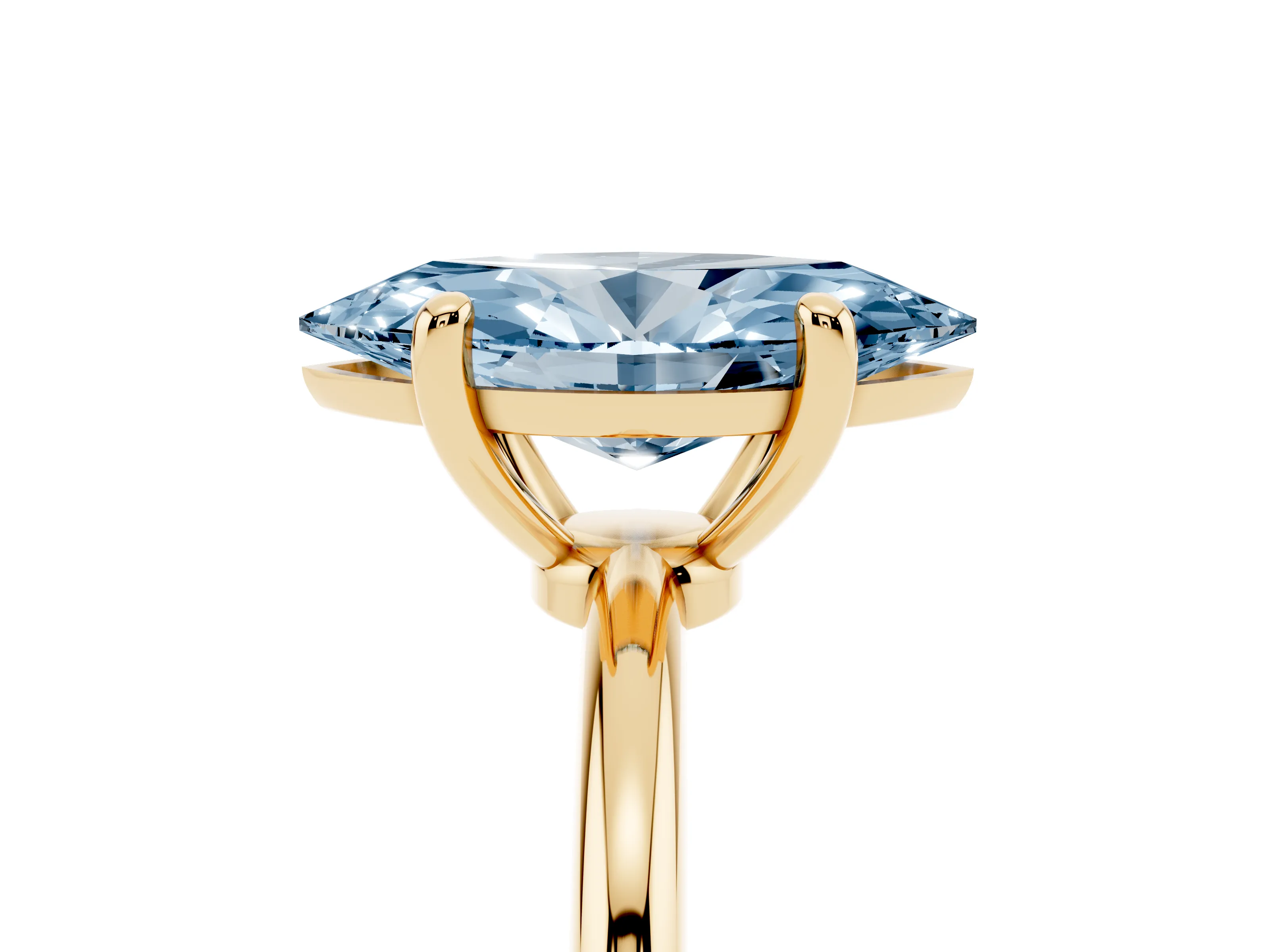 Fancy Blue Marquise Cut Diamond Solitaire Ring Set in Yellow gold with Secure Prong Setting on a Classic Band