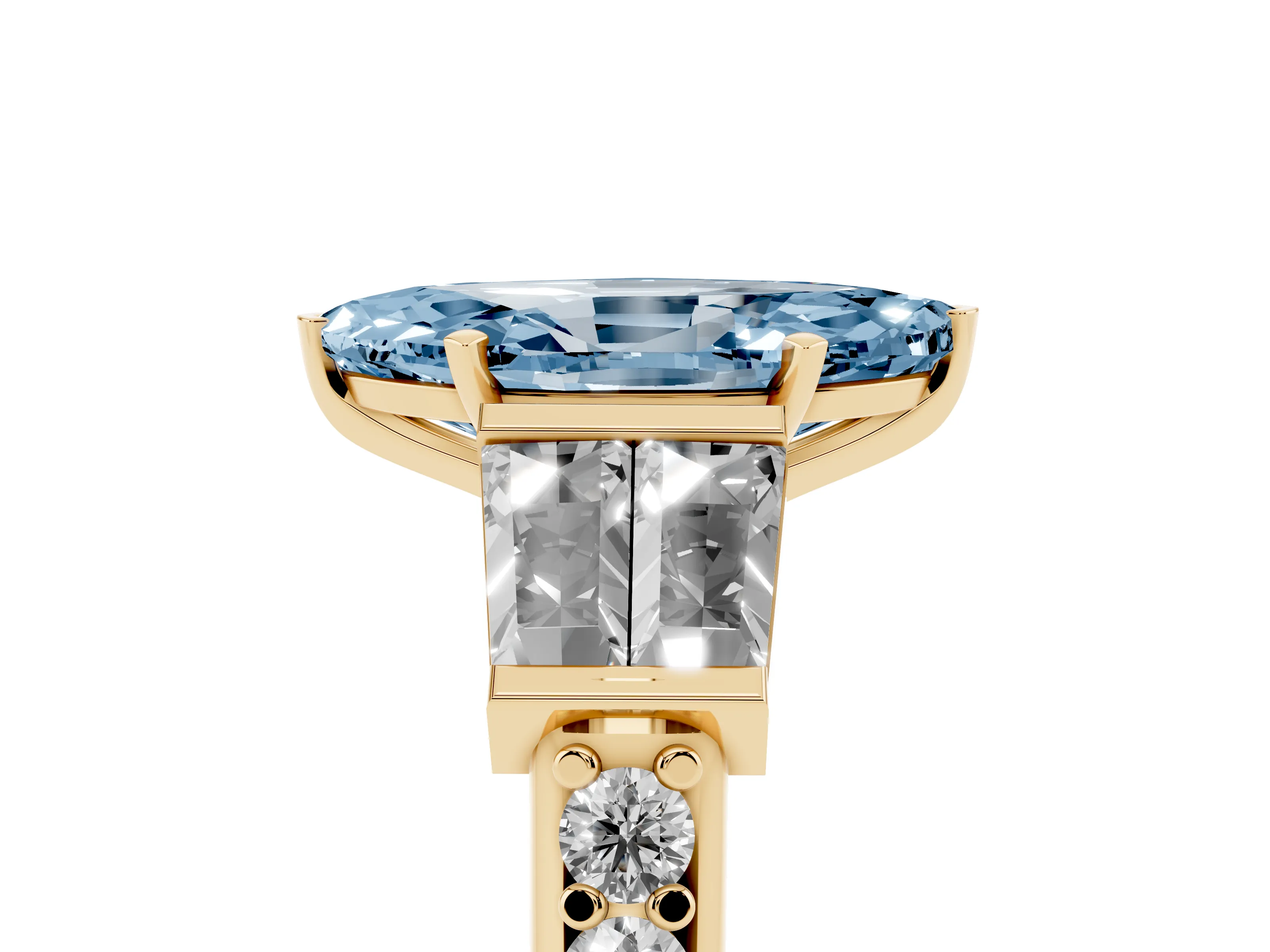 Fancy Blue Marquise Cut Diamond Engagement Ring Set in Yellow gold with Baguette Side Stones and Channel Set Band
