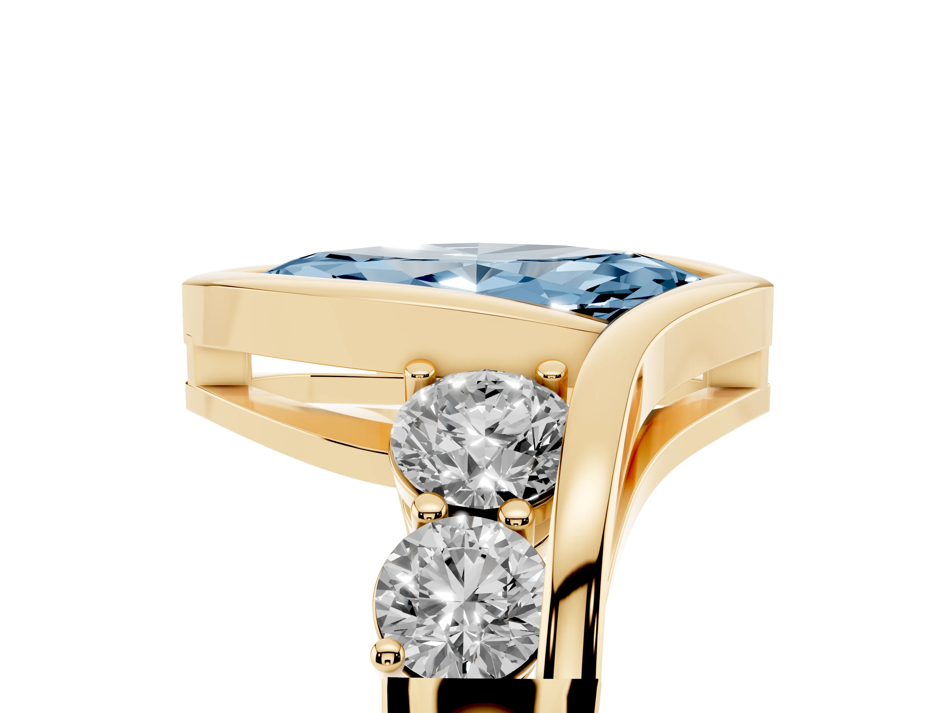 Fancy Blue Marquise Cut Diamond Bezel Bypass Ring Set in Yellow gold with Round Accents