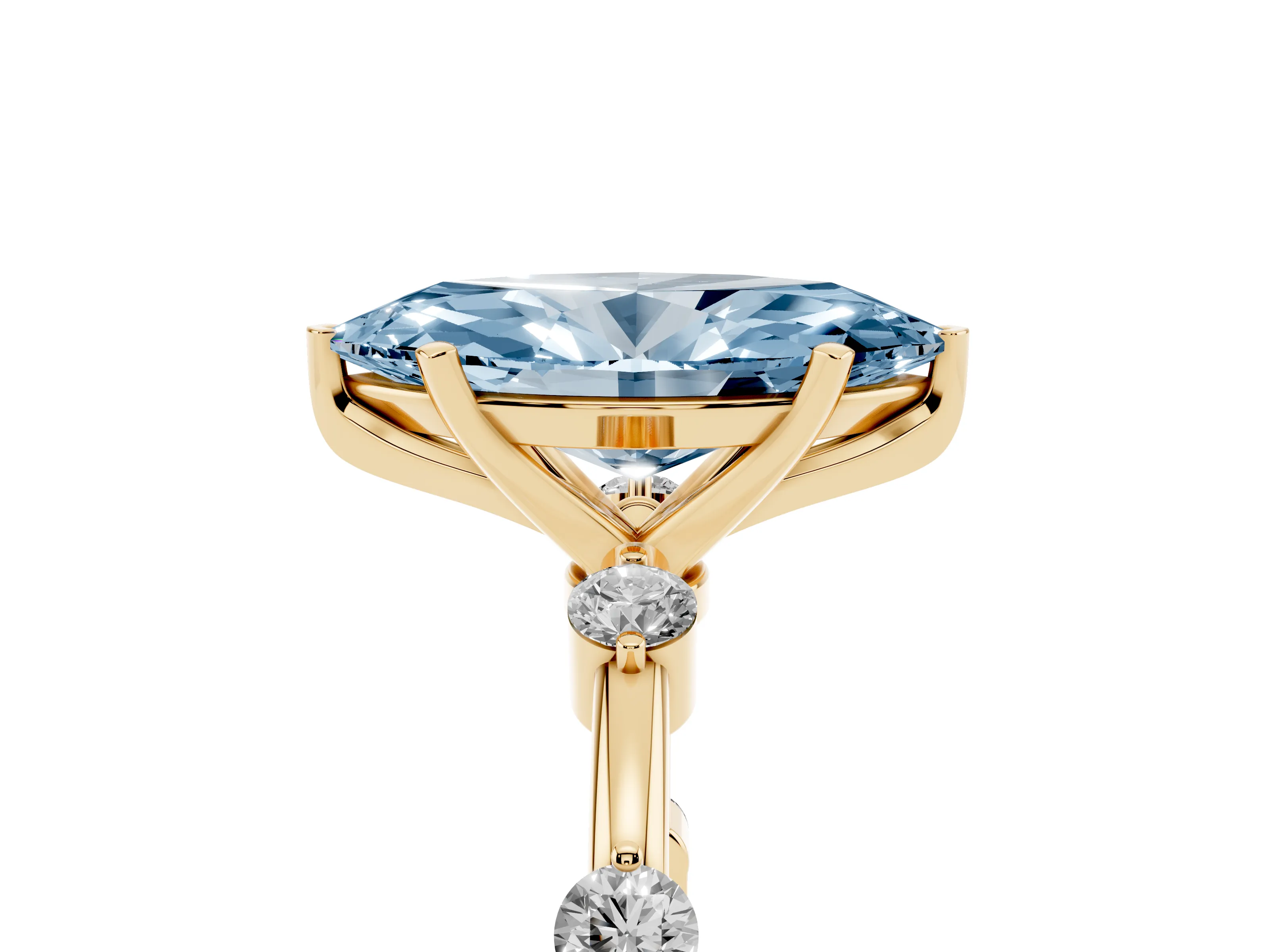 Fancy Blue Marquise Cut Diamond Solitaire Ring Set in Yellow gold with Bezel Set Side Stones and Prong Setting