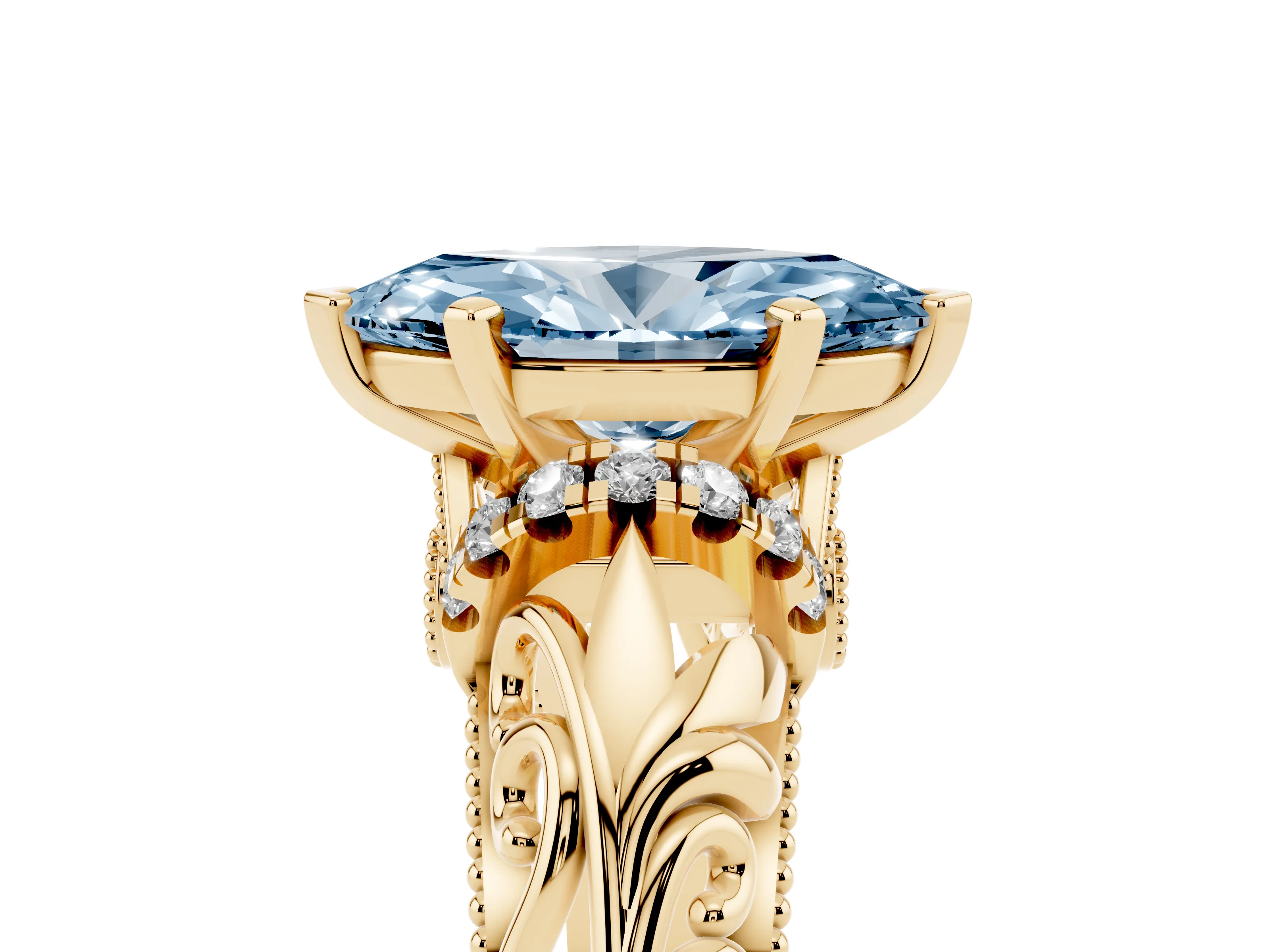 Fancy Blue Marquise Cut Diamond Filigree Halo Engagement Ring Set in Yellow gold with Prong Setting