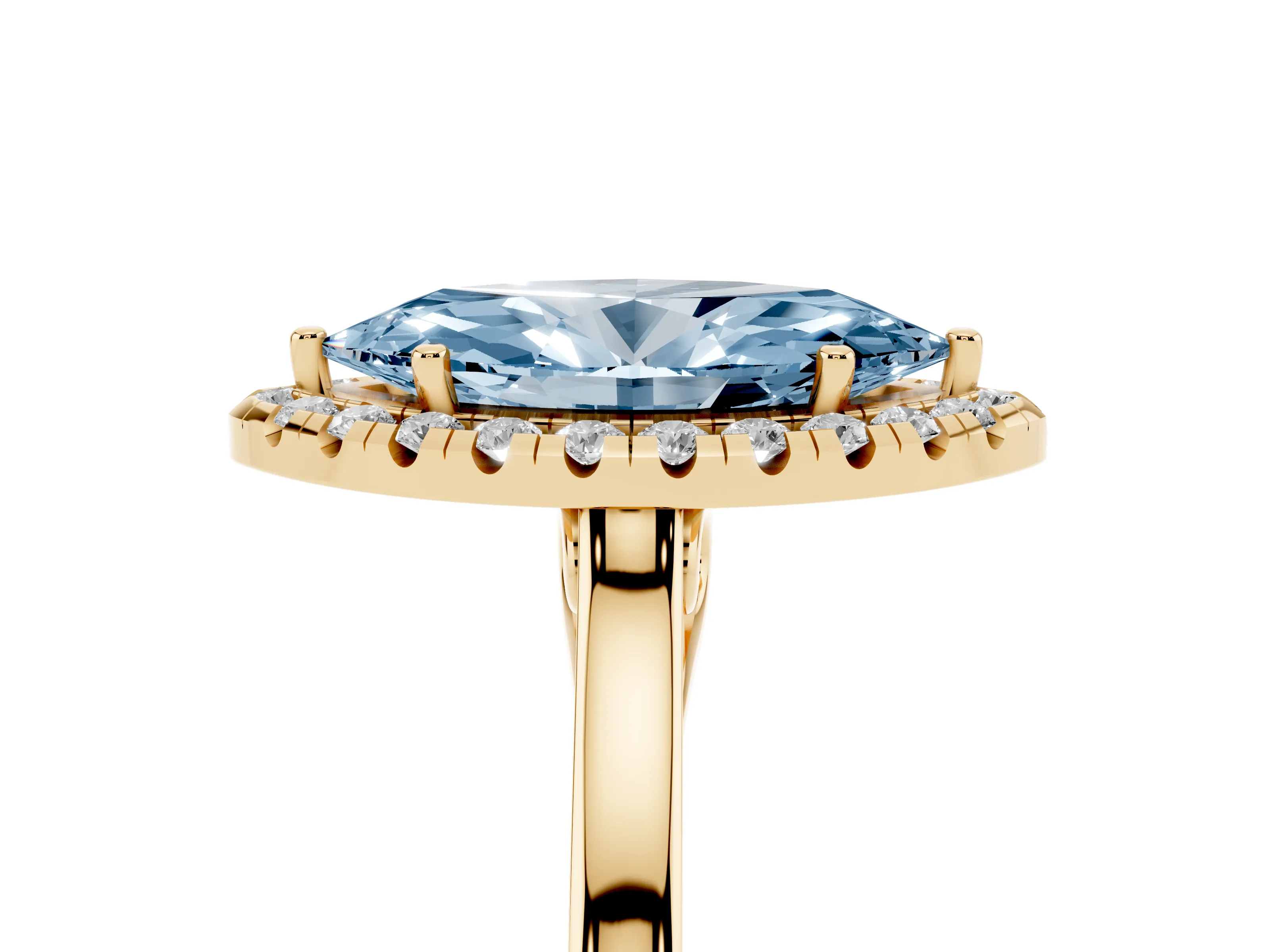 Fancy Blue Marquise Cut Halo Round Diamond Solitaire Ring Set in Yellow gold with Pavé Band and Prong Setting