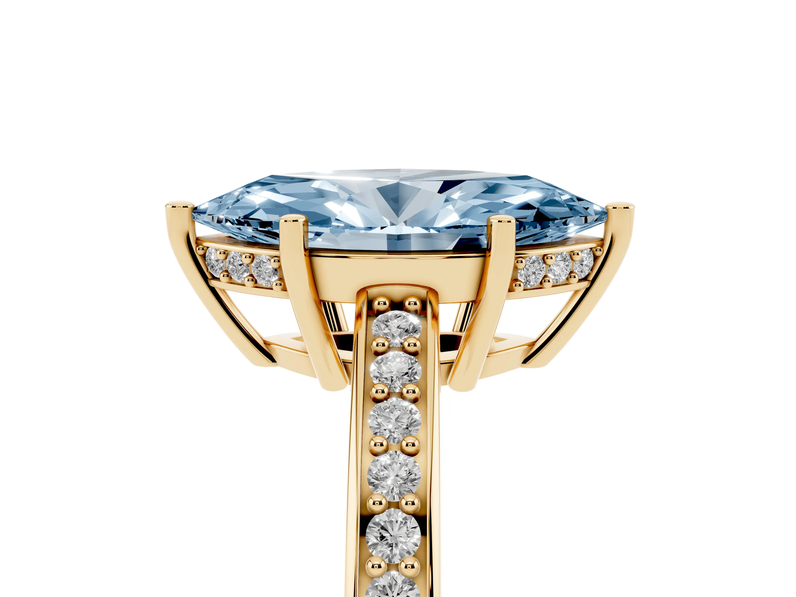 Fancy Blue Marquise Cut Diamond Pavé Band Prong Set Solitaire Ring Set in Yellow gold