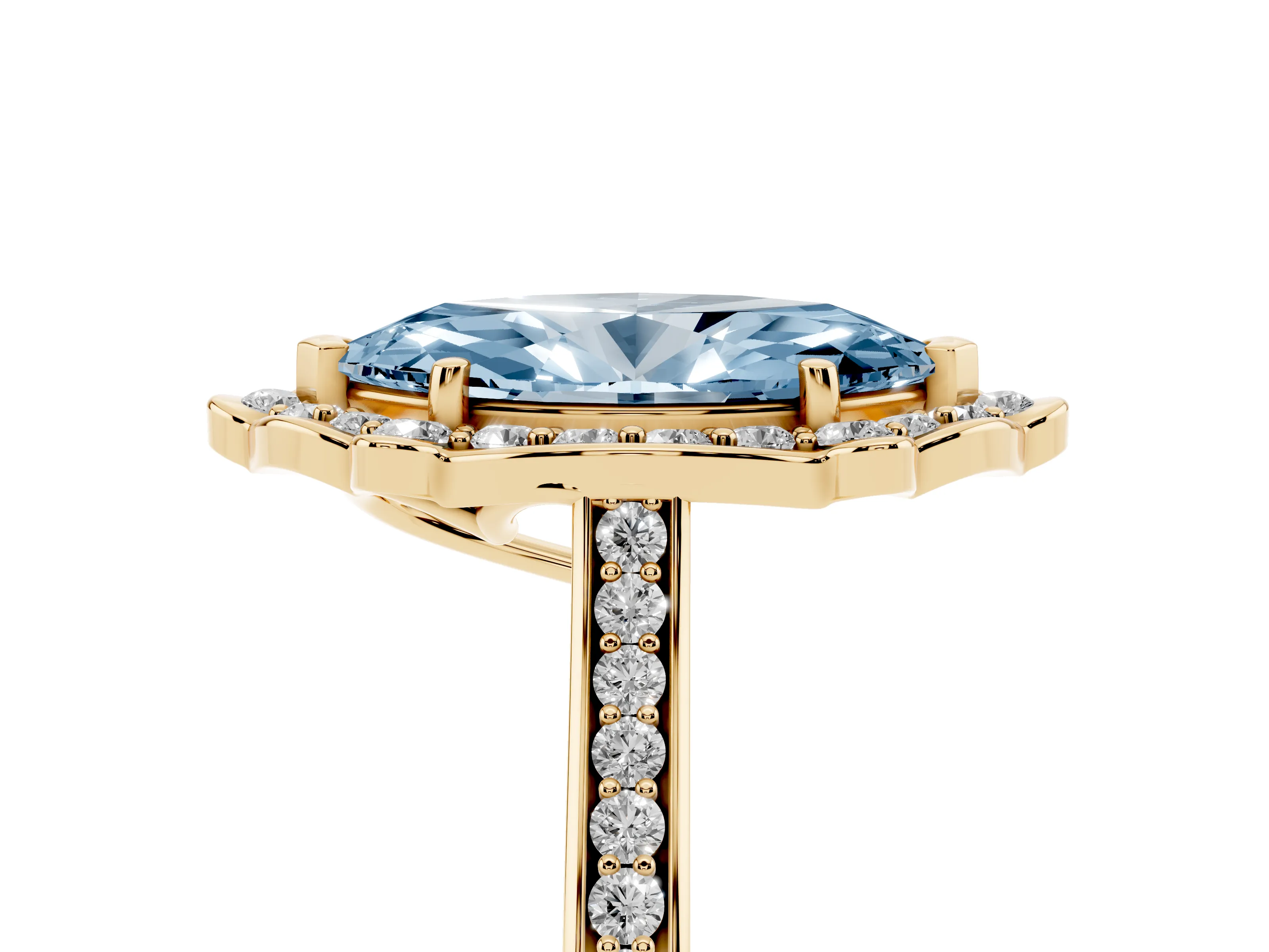 Fancy Blue Marquise Cut Diamond Halo Ring Set in Yellow gold with Pavé-Lined Shoulders and Prong Setting