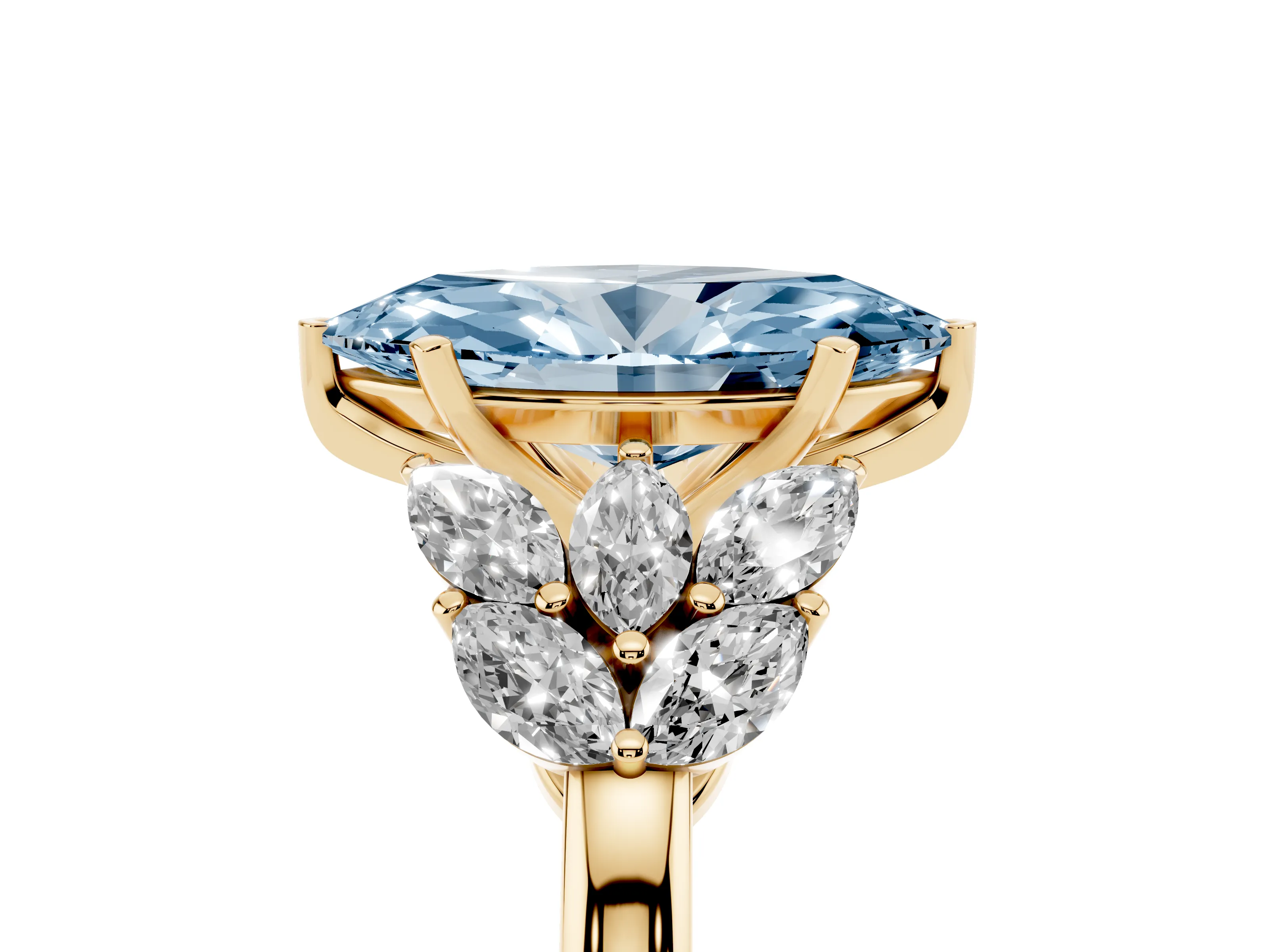 Fancy Blue Marquise Cut Diamond Cluster Leaf Design Ring Set in Yellow gold with Prong Setting