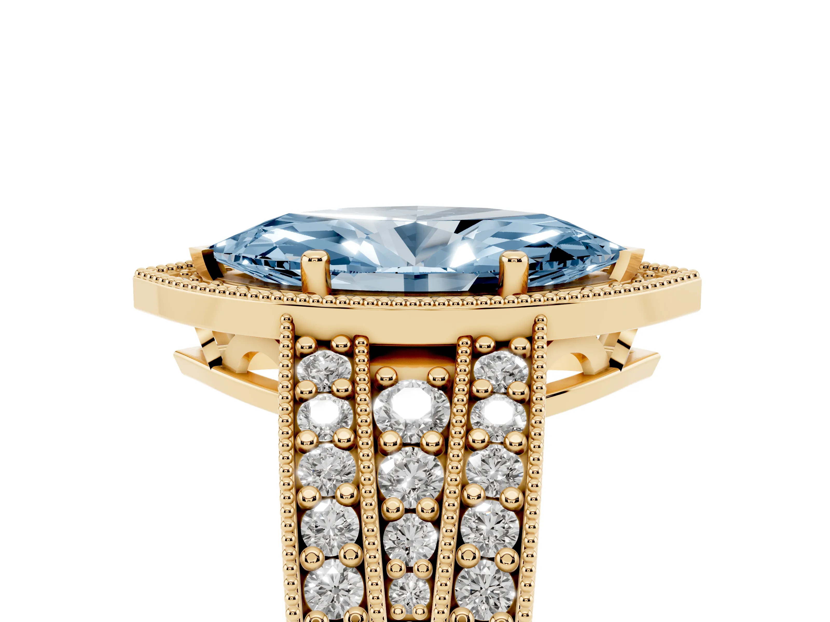 Fancy Blue Marquise Cut Diamond Halo Ring Set in Yellow gold with Accent Split Shank and Prong Setting