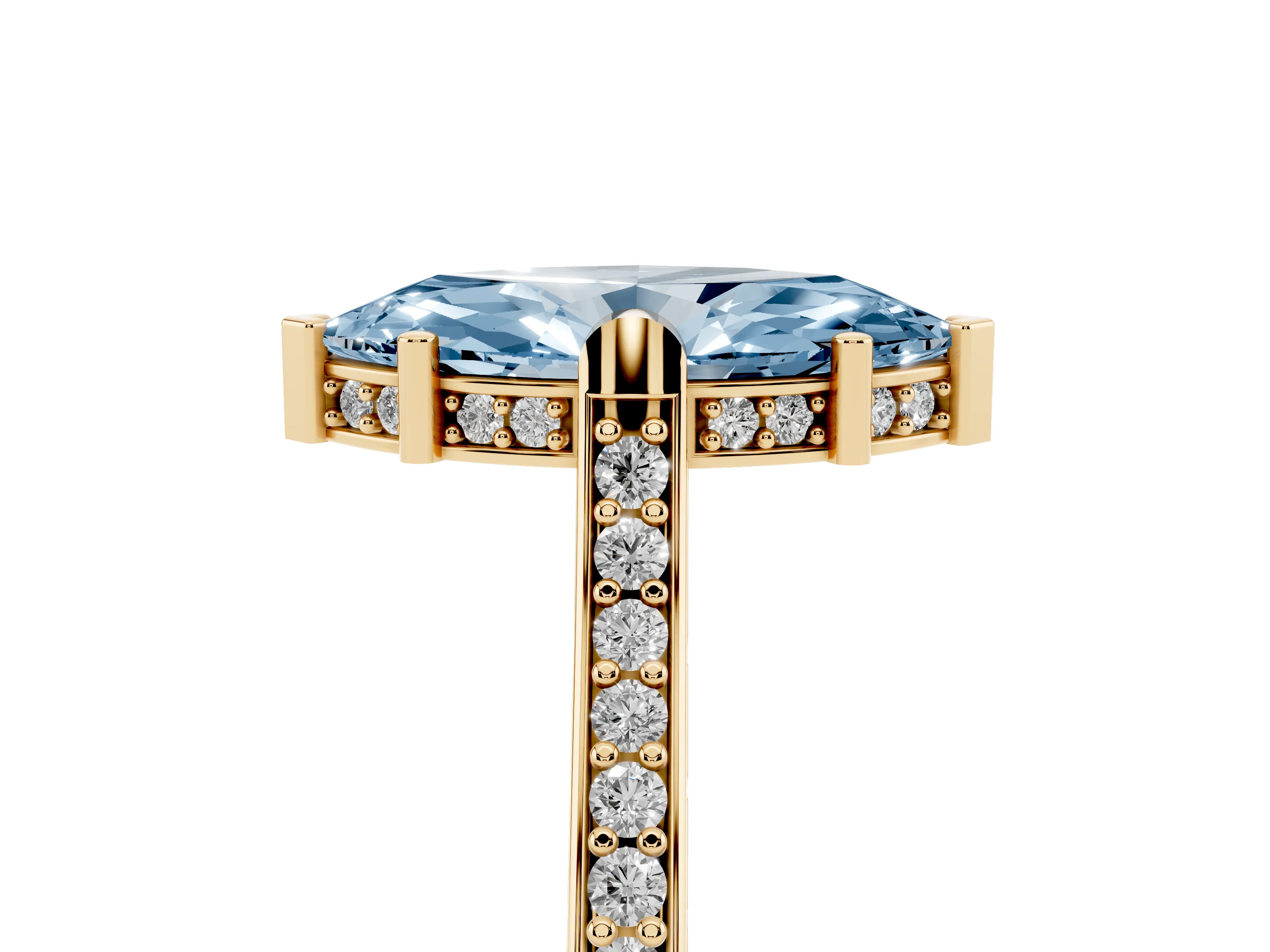 Fancy Blue Marquise Cut Diamond Solitaire Ring Set in Yellow gold with Channel Set Band and Bezel Prong Setting