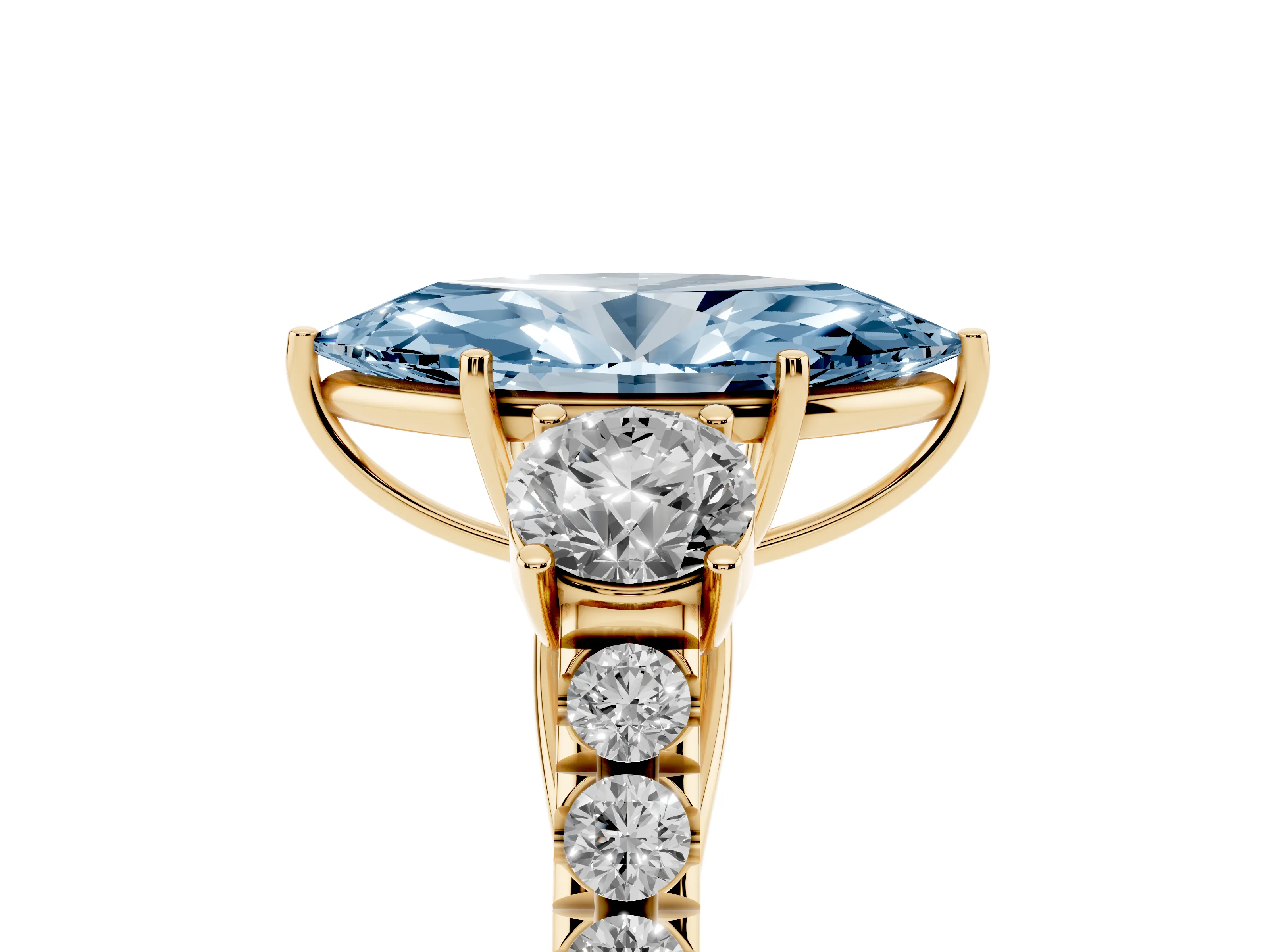 Fancy Blue Marquise Cut Diamond Three-Stone Ring Set in Yellow gold with Round Side Stones and Delicate Pavé Band