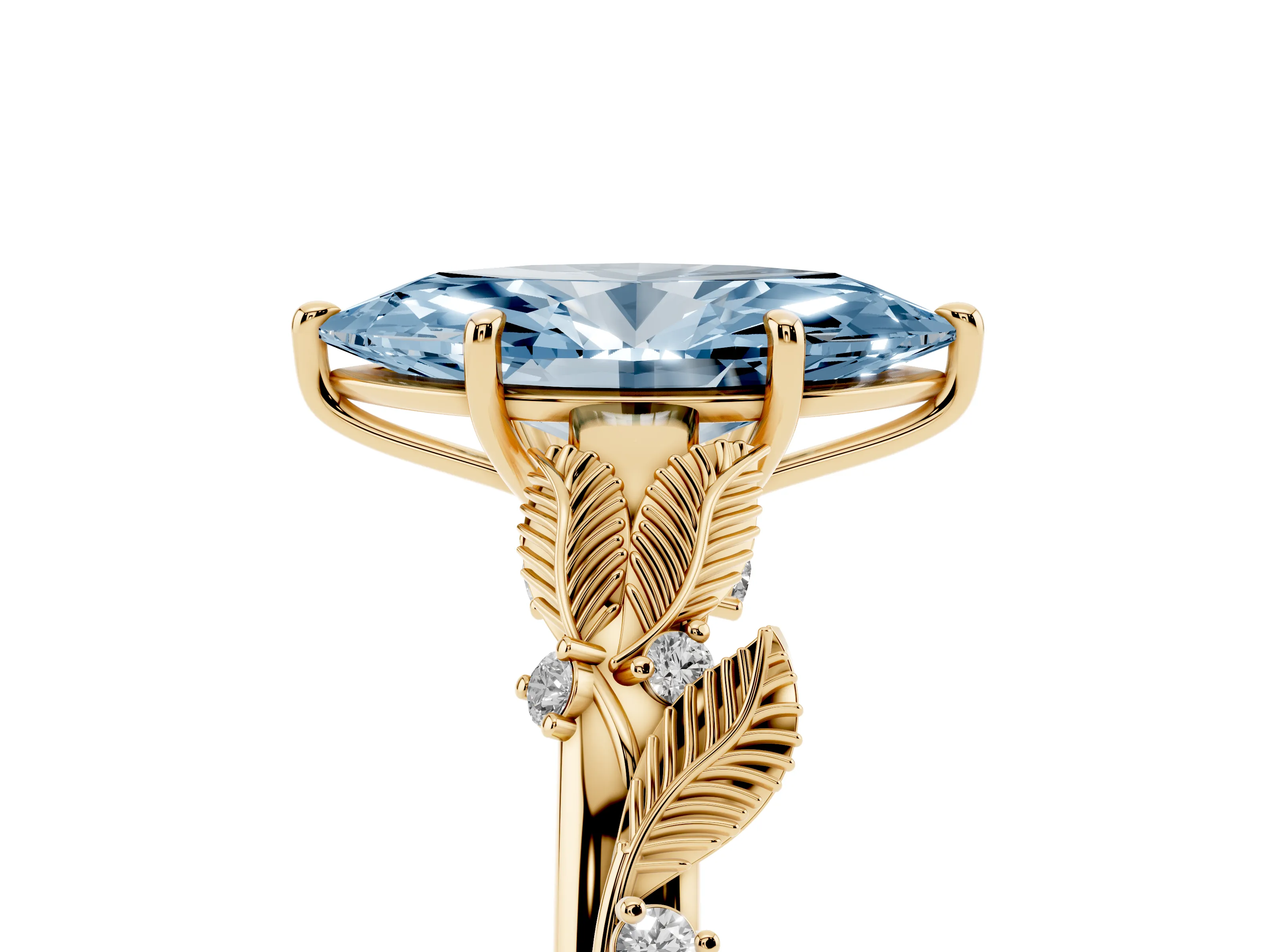 Fancy Blue Marquise Cut Diamond Solitaire Ring Set in Yellow gold with Leaf Motif Band