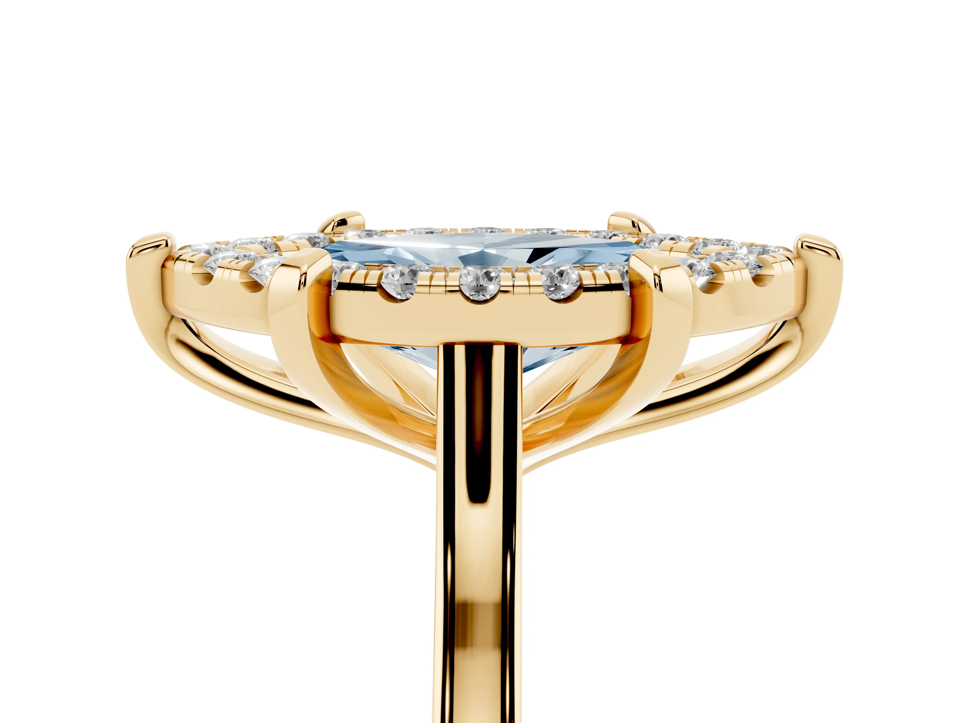 Fancy Blue Marquise Cut Diamond Cluster Halo Solitaire Ring Set in Yellow gold with Prong Setting