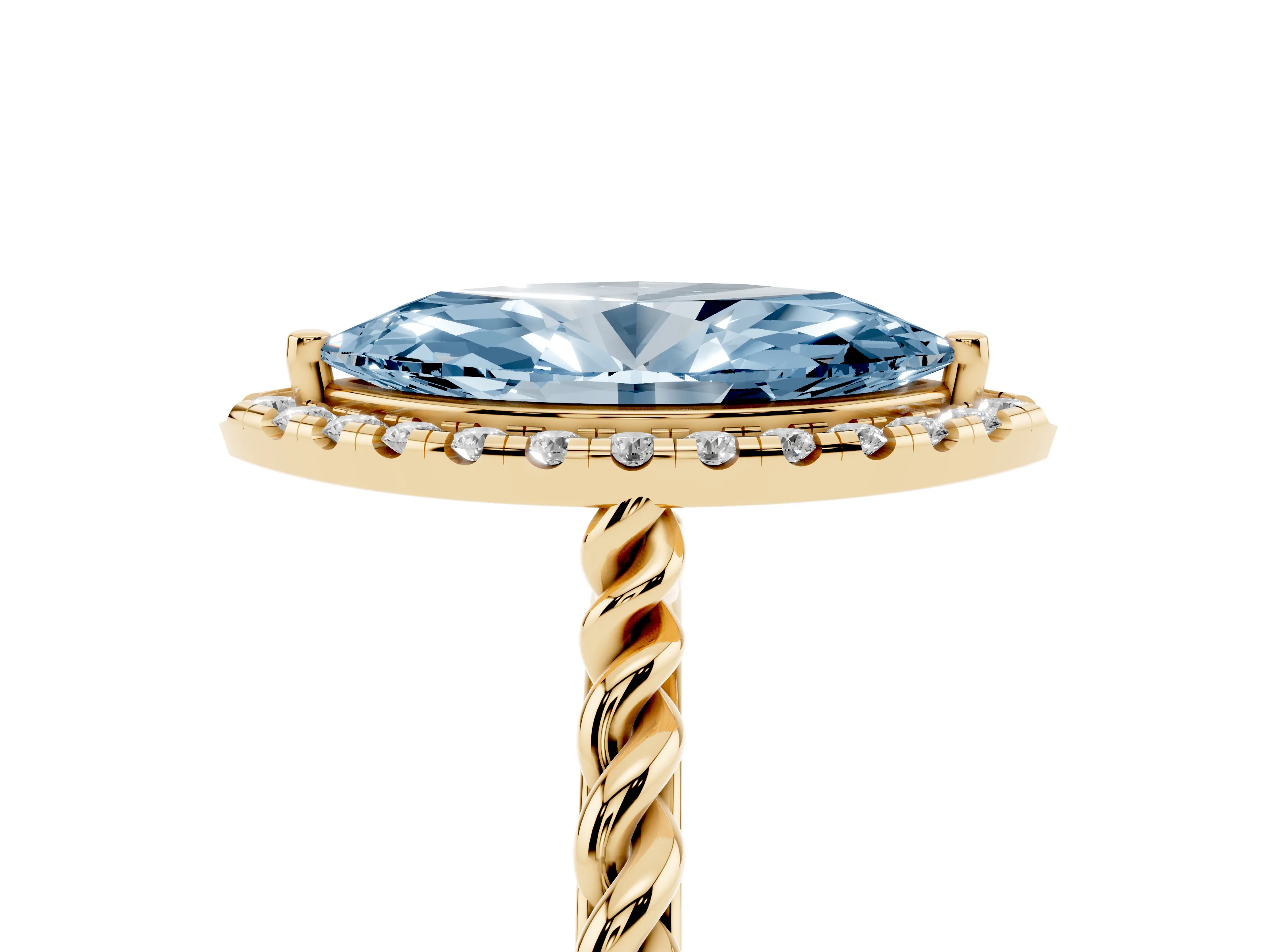 Fancy Blue Marquise Cut Diamond Halo Ring Set in Yellow gold with Plain Twisted Band